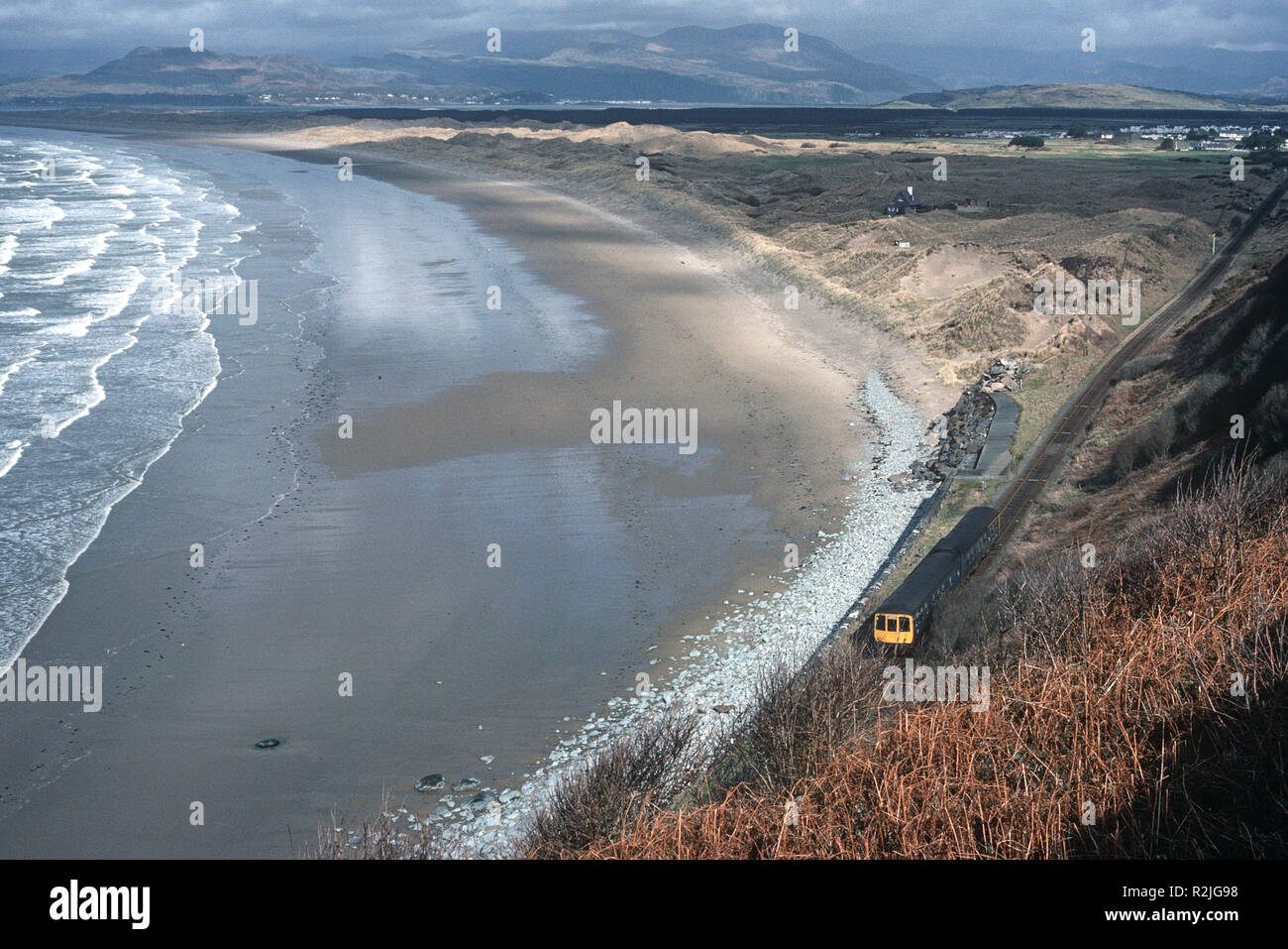 British Rail Diesel Multiple Unit, DMU train on the Dovey Junction to Pwllheli Cambrian Coast railway line, Morfa Harlech National Nature Reserve, Gwynedd, Great Britain Stock Photo