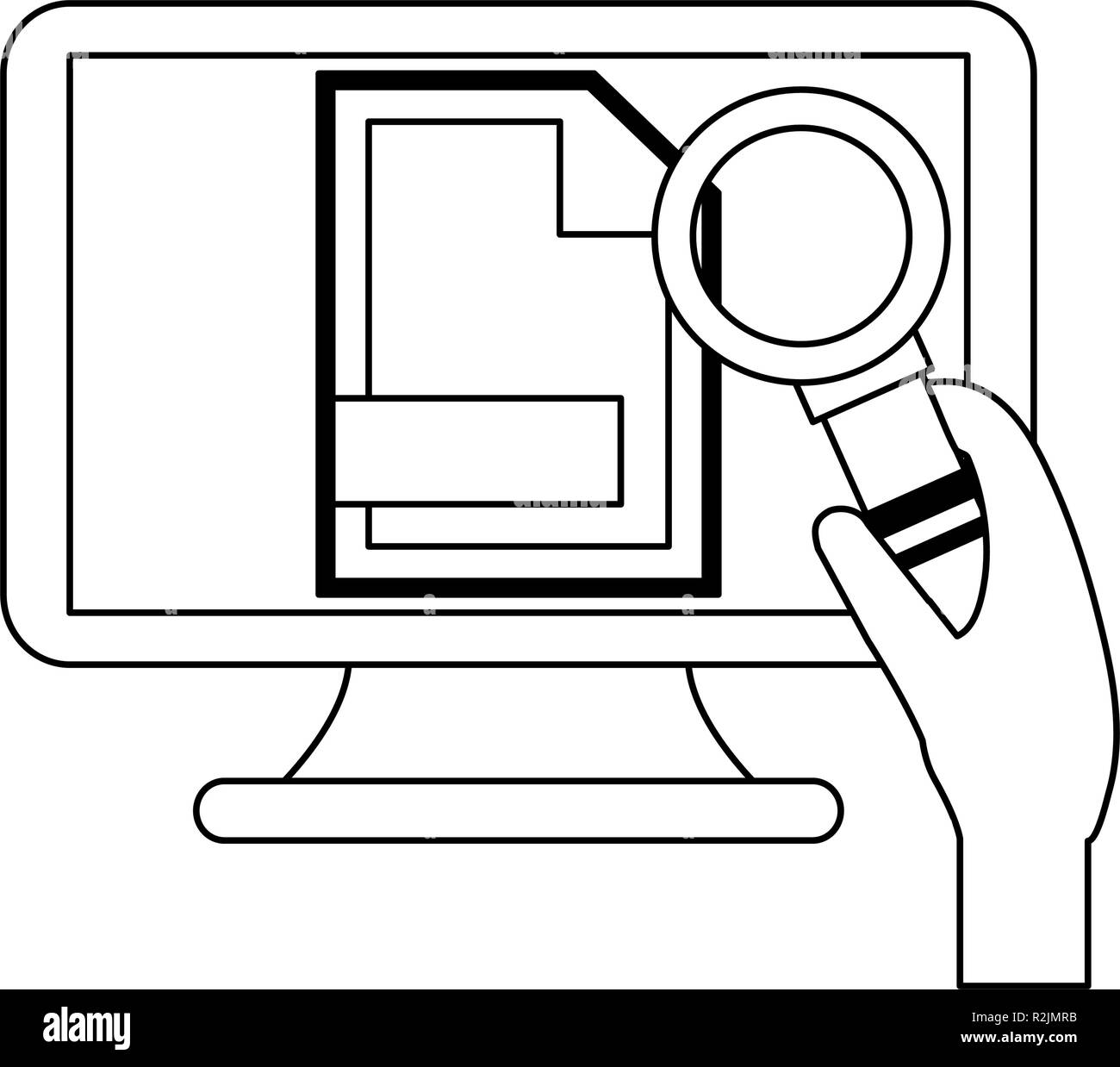 Hand with magnifying glass checking computer vector illustration ...