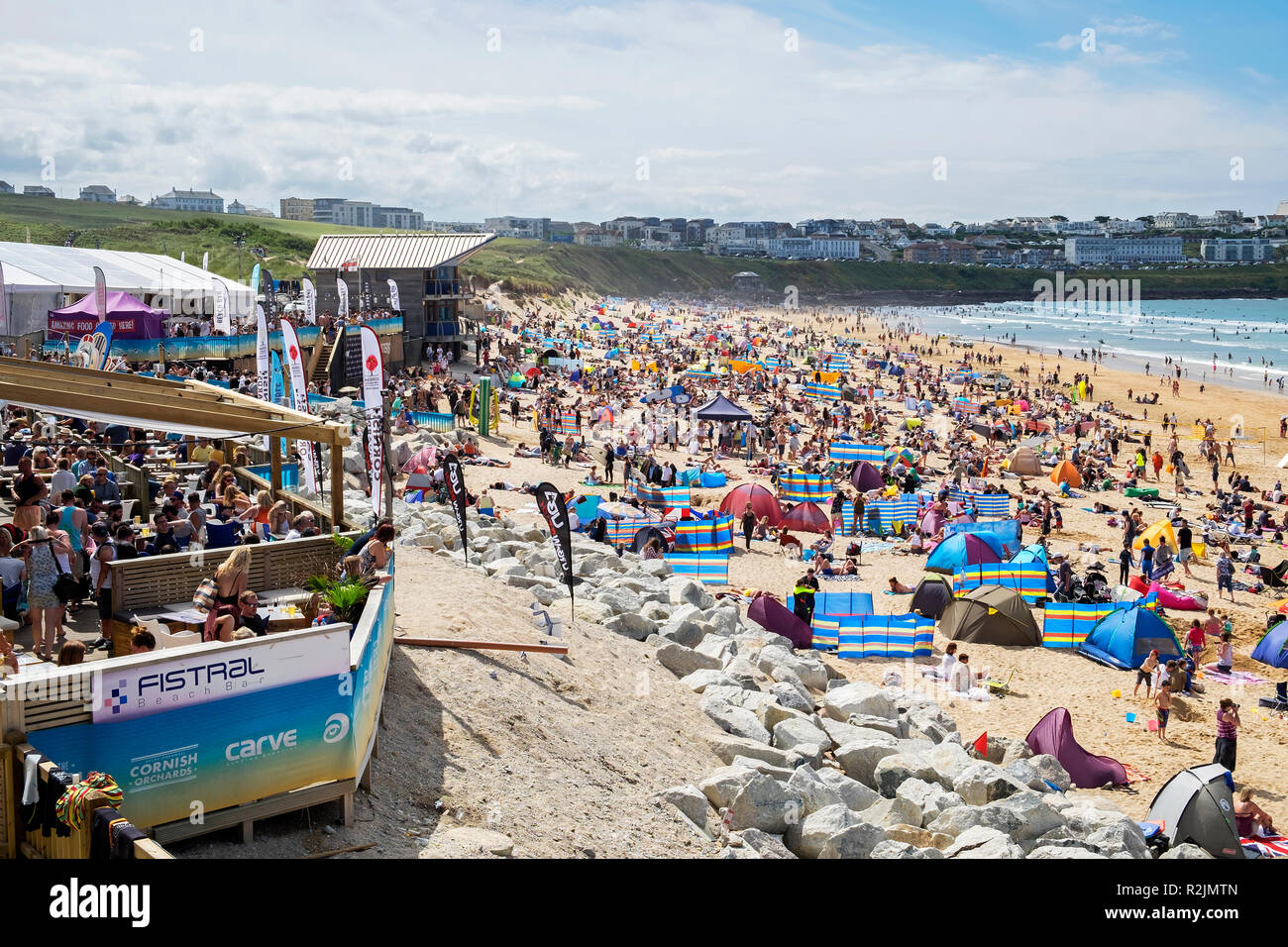 a packed fistral beach during the boardmasters festival in newquay,  cornwall, england, uk Stock Photo - Alamy