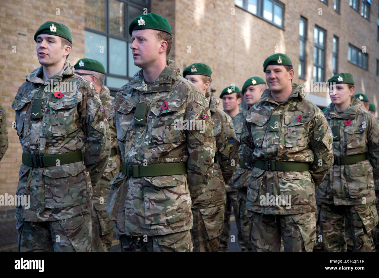 Remembrance Day Parade. Military Intelligence. Waiting to march to church. Hackney. Stock Photo