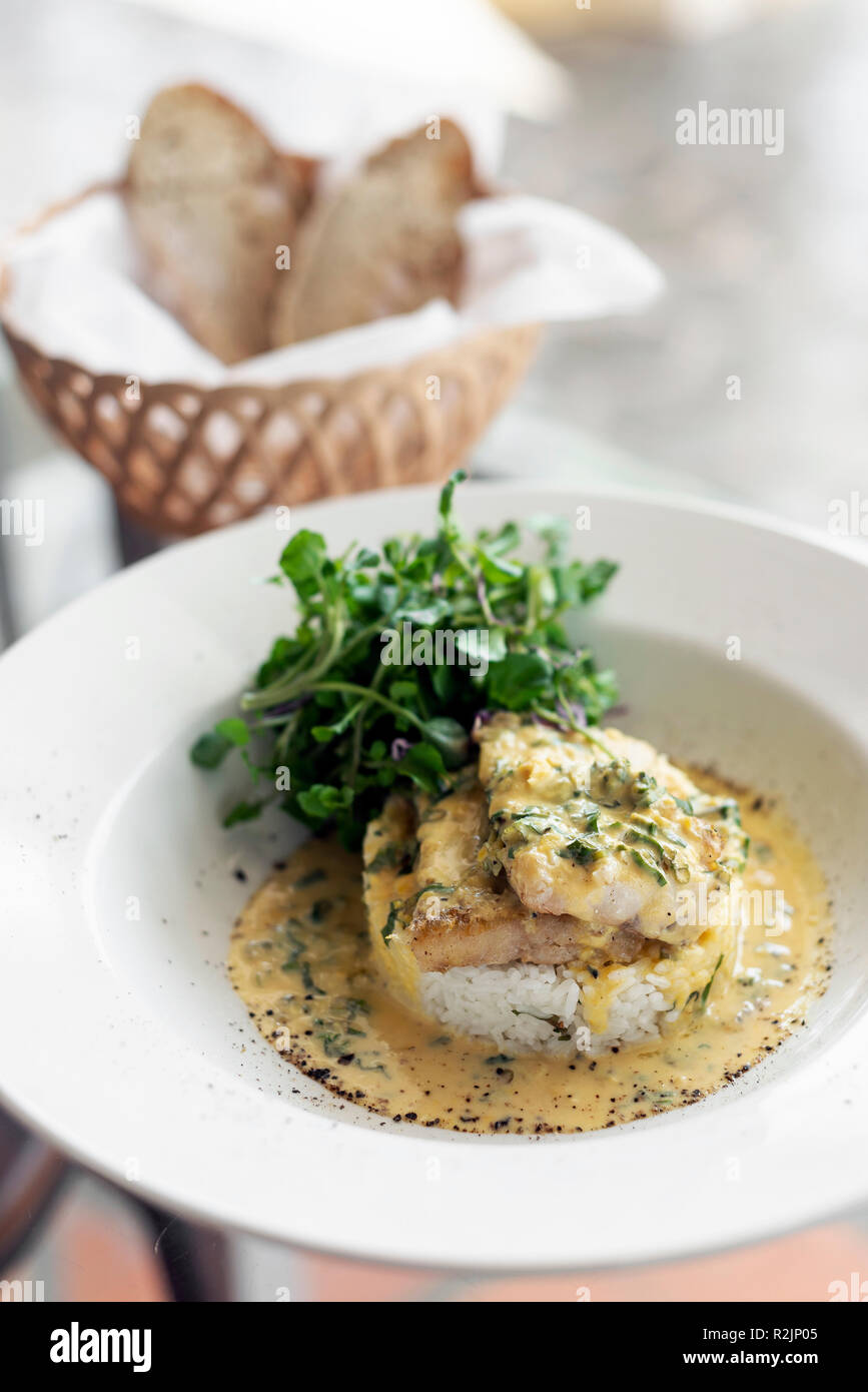 sea bream fish fillet in creamy mustard dill and lemon sauce restaurant meal on plate Stock Photo