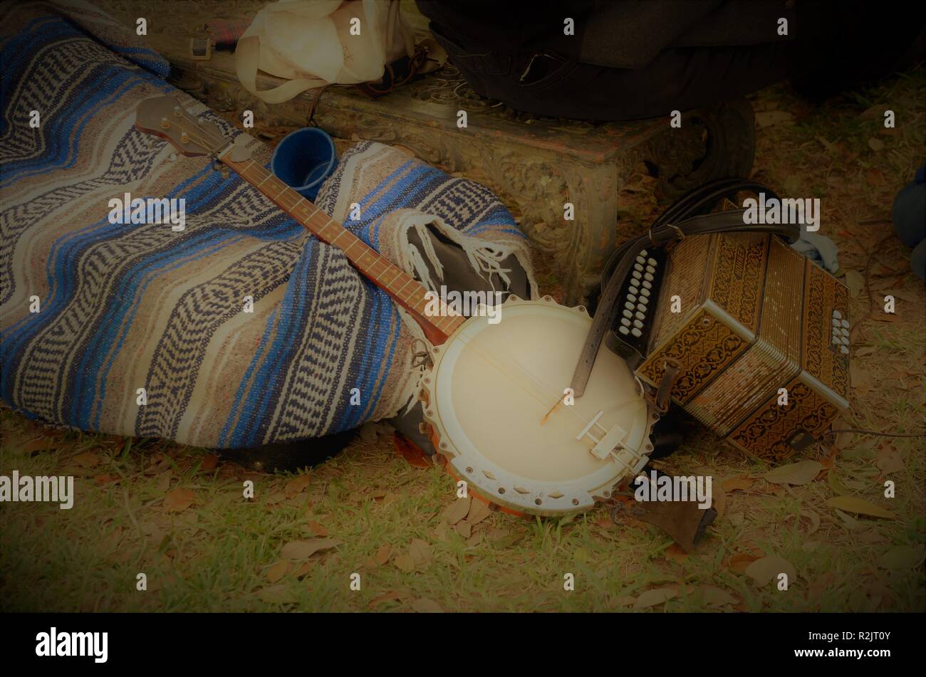 American Civil War reenactment; musical instruments owned by band of musicians entertaining