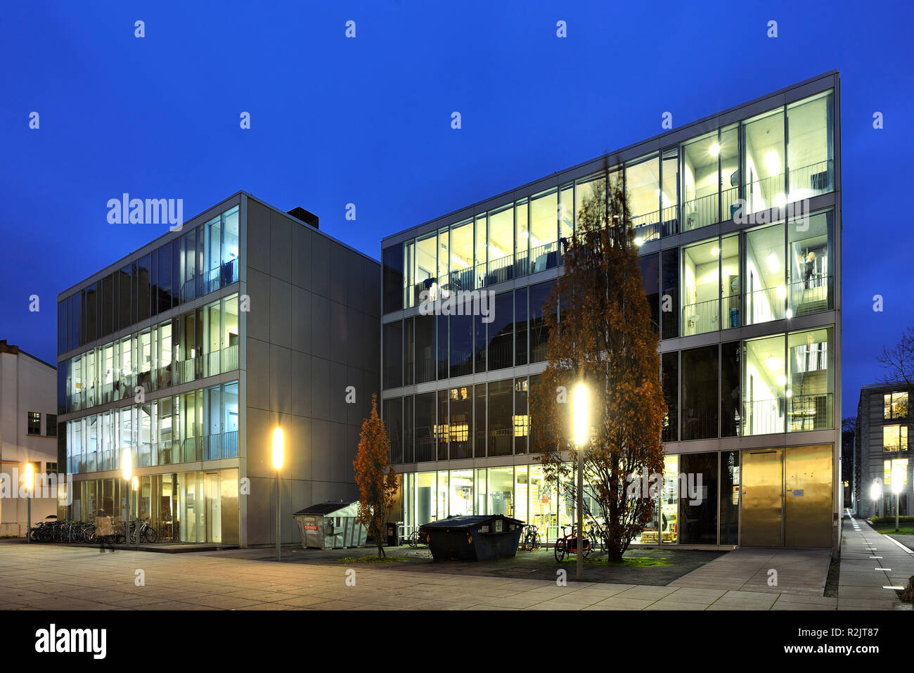 Germany, Thuringia, Weimar, Bauhaus University, night shot, illuminated glass cubes Stock Photo