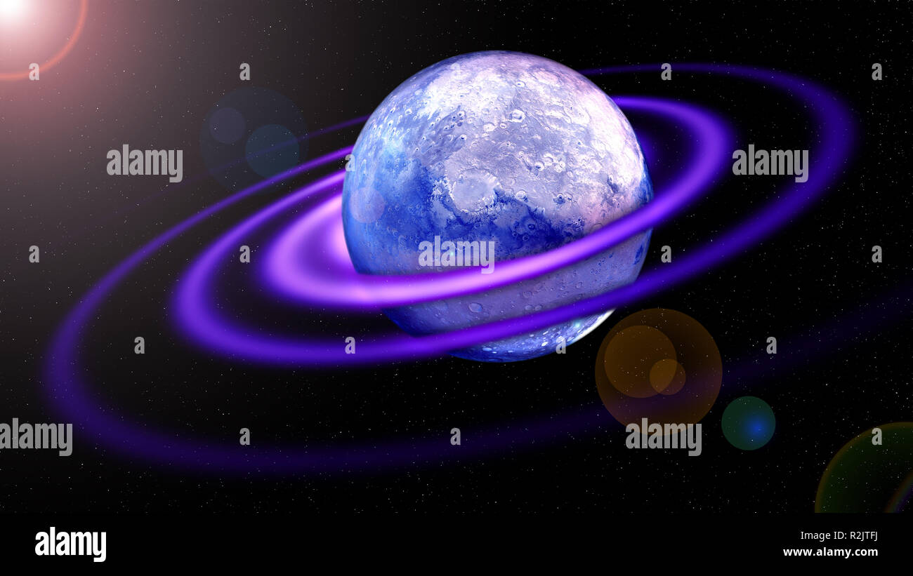 illustration of a alien planet in deep space with gaseous rings Stock Photo