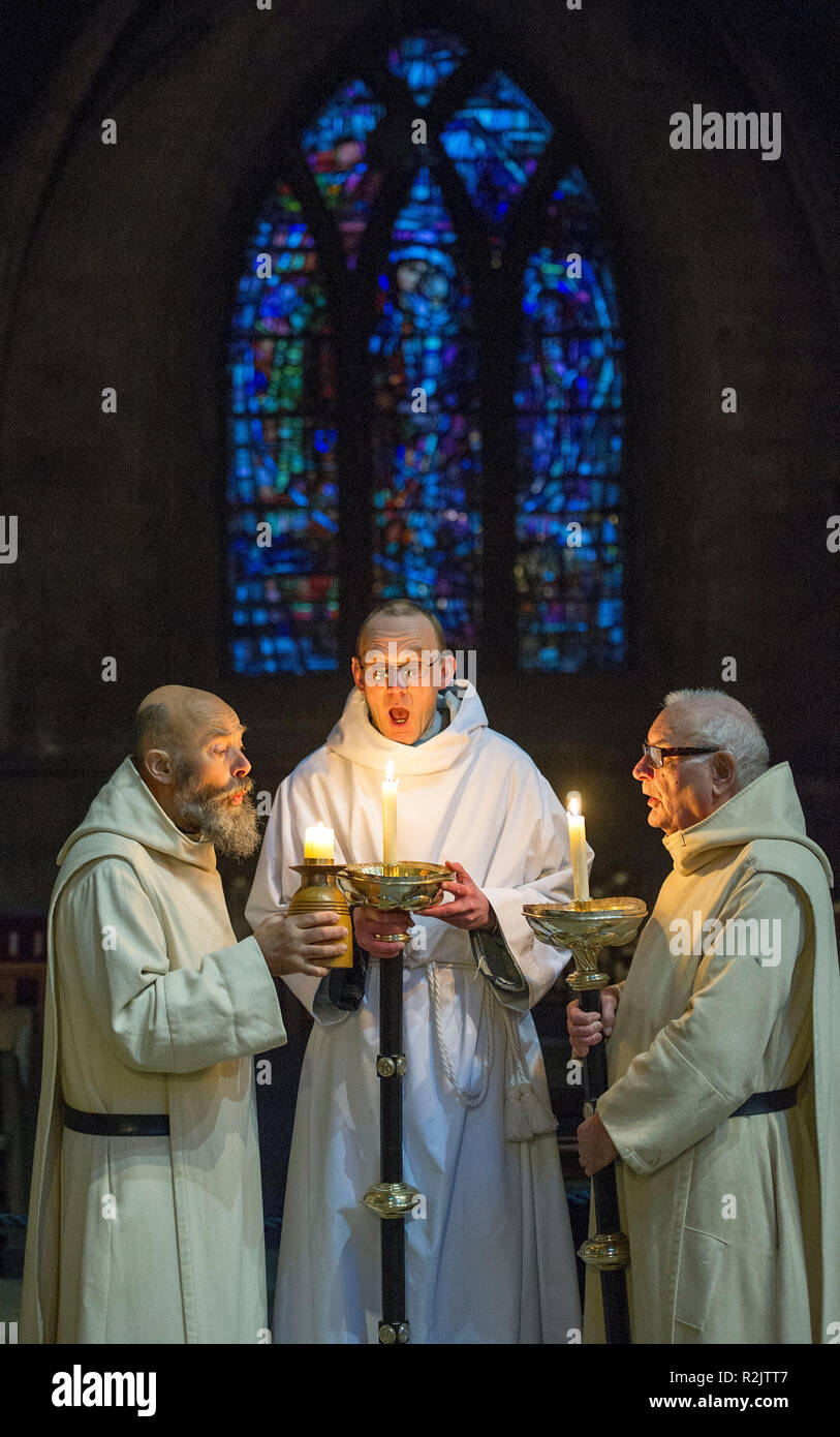 Fr. Giles, Brother. Matthew, and Brother. Meinrad, prepare for Christmas at  Pluscarden Abbey, Morayshire, Scotland. Stock Photo