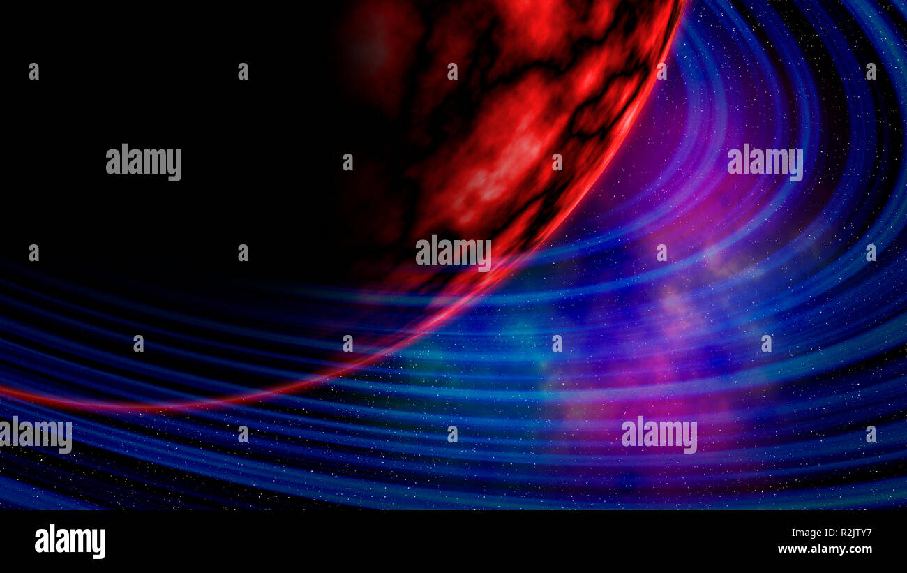 Fantasy illustration of a red planet surrounded by blue rings in deep ...