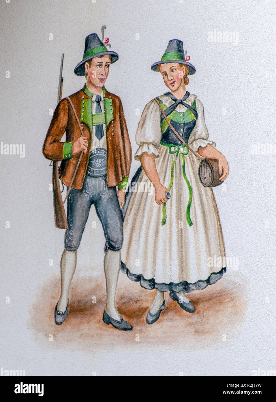 Illustration of a Tyrolean couple in traditional clothing and green felt hat. The man is carrying a hunting rifle Stock Photo