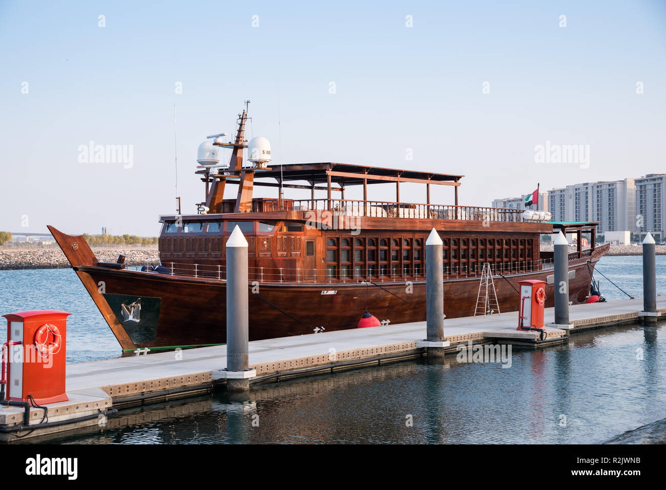 Luxury Wooden Yacht Docked at Yas Marina, Yas Island, Abu Dhabi, UAE Stock Photo