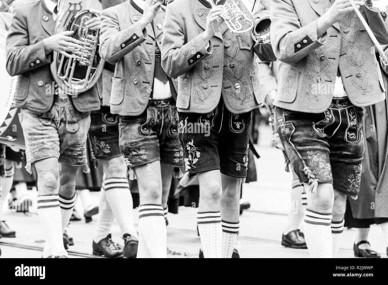 Music band at the traditional costume parade for the Munich Oktoberfest Stock Photo