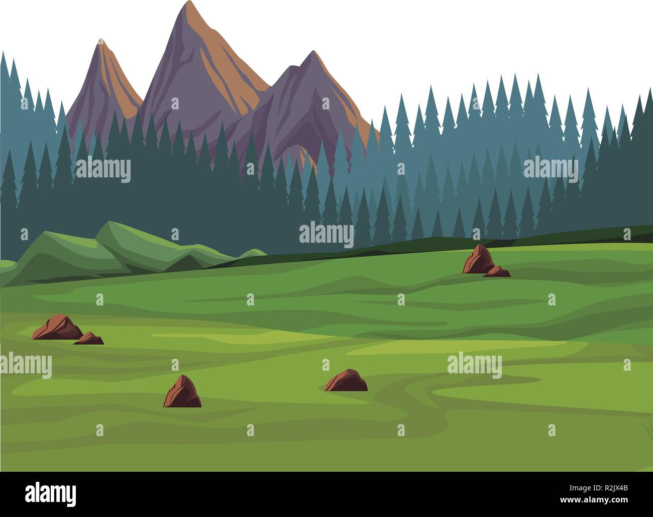 Beautiful landscape green scenery with trees vector illustration ...