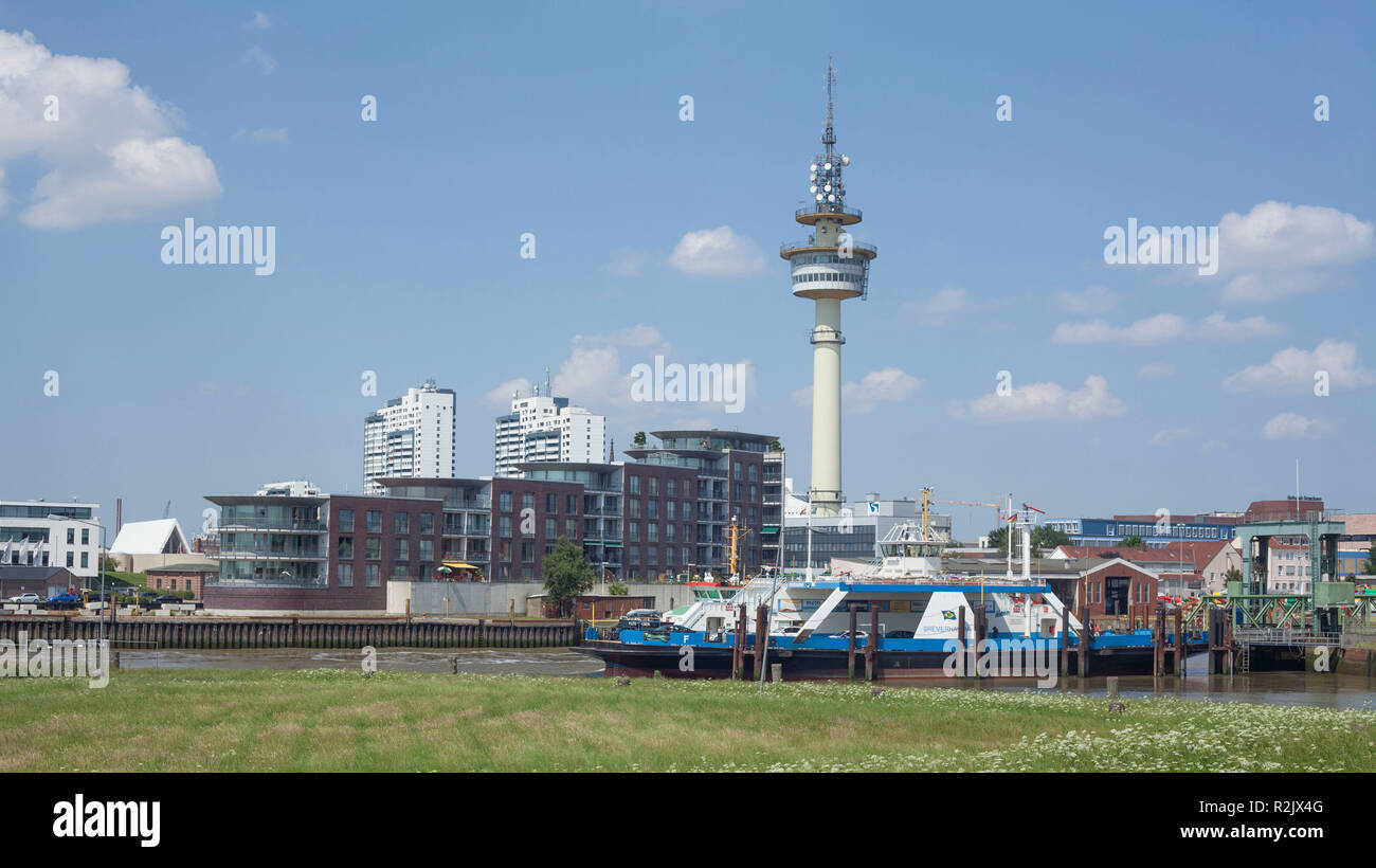 Modern architecture, radio tower and car ferry to Nordenham at the Geeste, Bremerhaven, Bremen, Germany Stock Photo