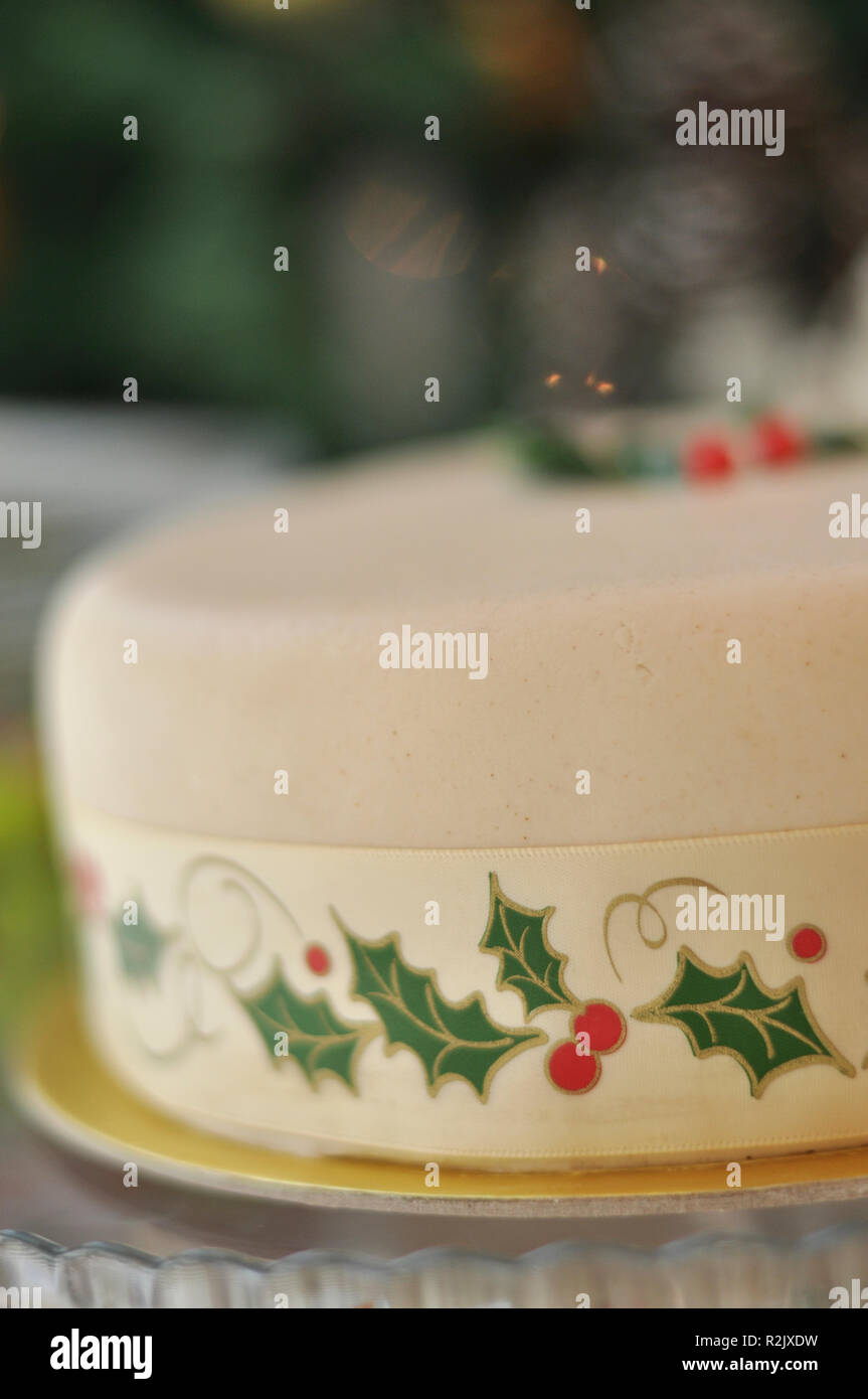 Delicious Marzipan Christmas Cake with christmas decorations Stock