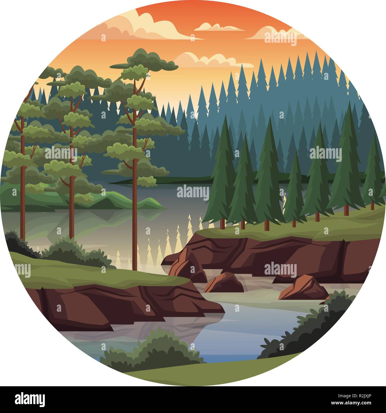 Beautiful landscape scenery with river and mountains round icon vector