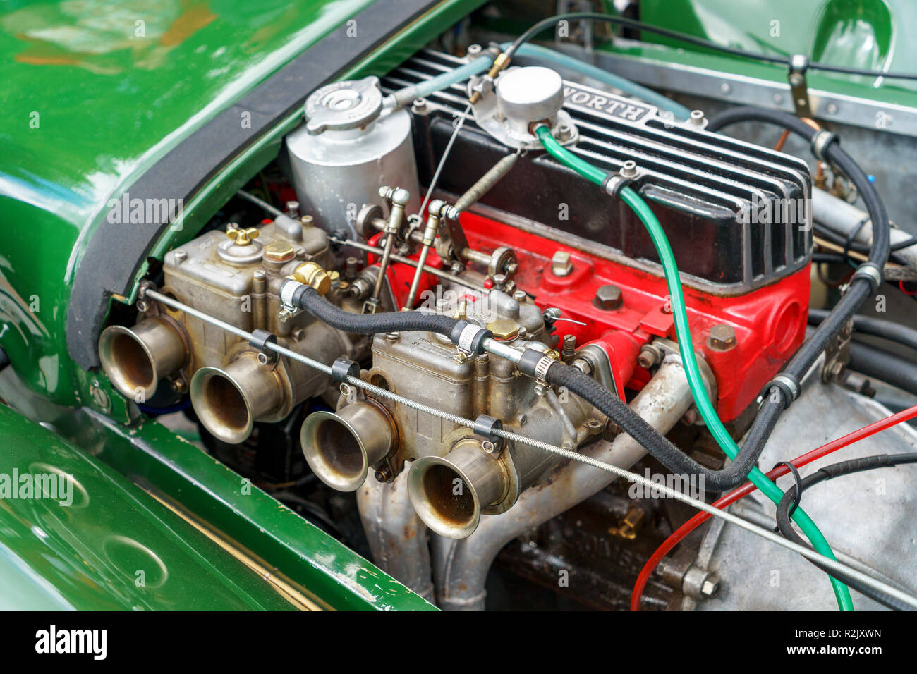 Classic Cosworth car engine block with twin choke carburettors Stock Photo