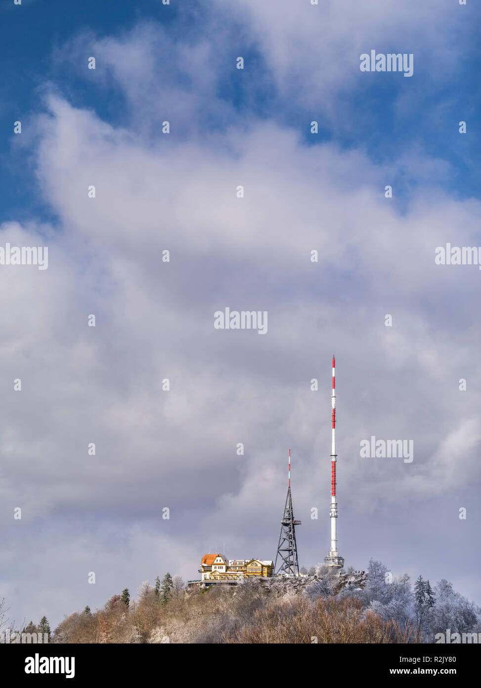 Observation tower, radio tower and restaurant Uto Kulm on the Uetliberg in winter with cloud atmosphere Stock Photo