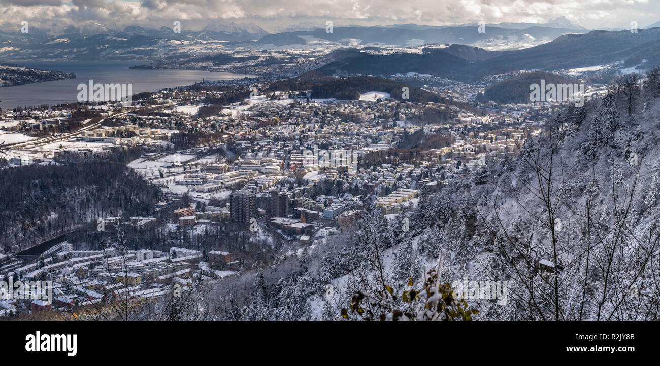 Panoramic view from Uetliberg to Lake Zurich and Adliswil Stock Photo
