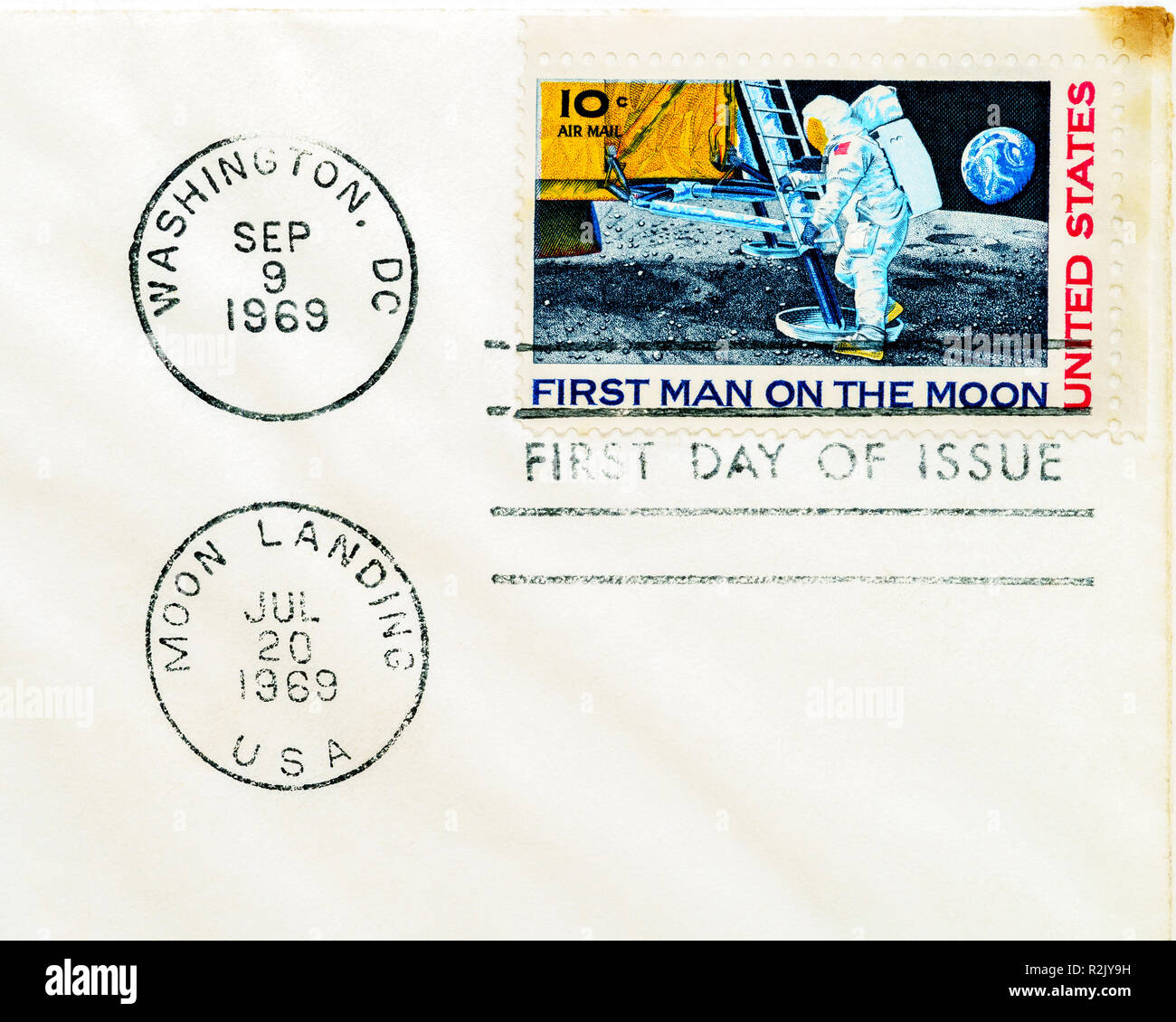 1969 first moon landing commemorative stamp on first day of tissue envelope Stock Photo