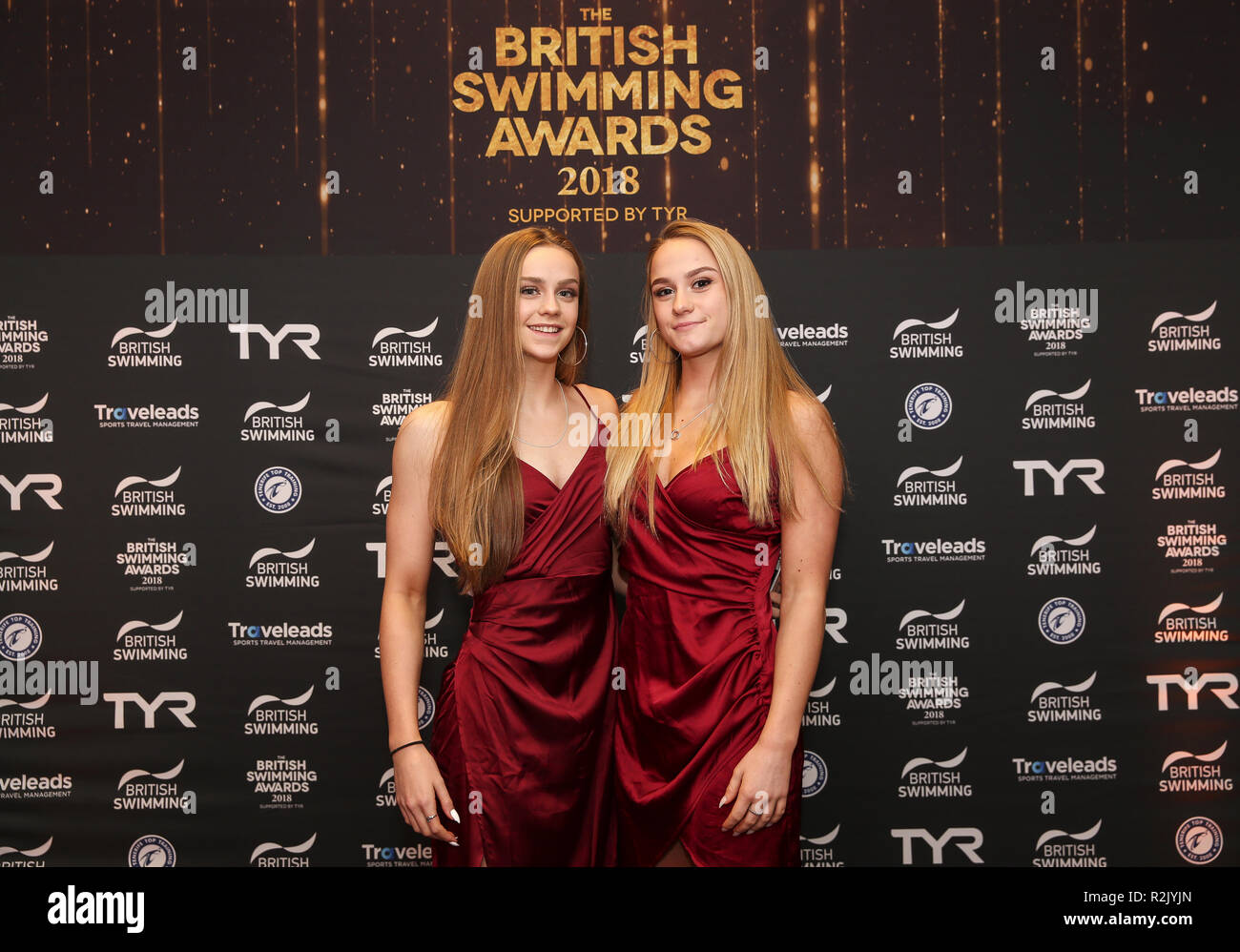Synchronised Swimming athlete of the year winners Kate Shortman and Isabelle Thorpe during the British Swimming Awards 2018 at the Point, Lancashire County Cricket Club, Manchester Stock Photo