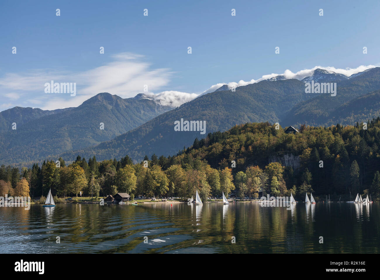 Sailboats on the Lake Bohinj in Slovenia Stock Photo