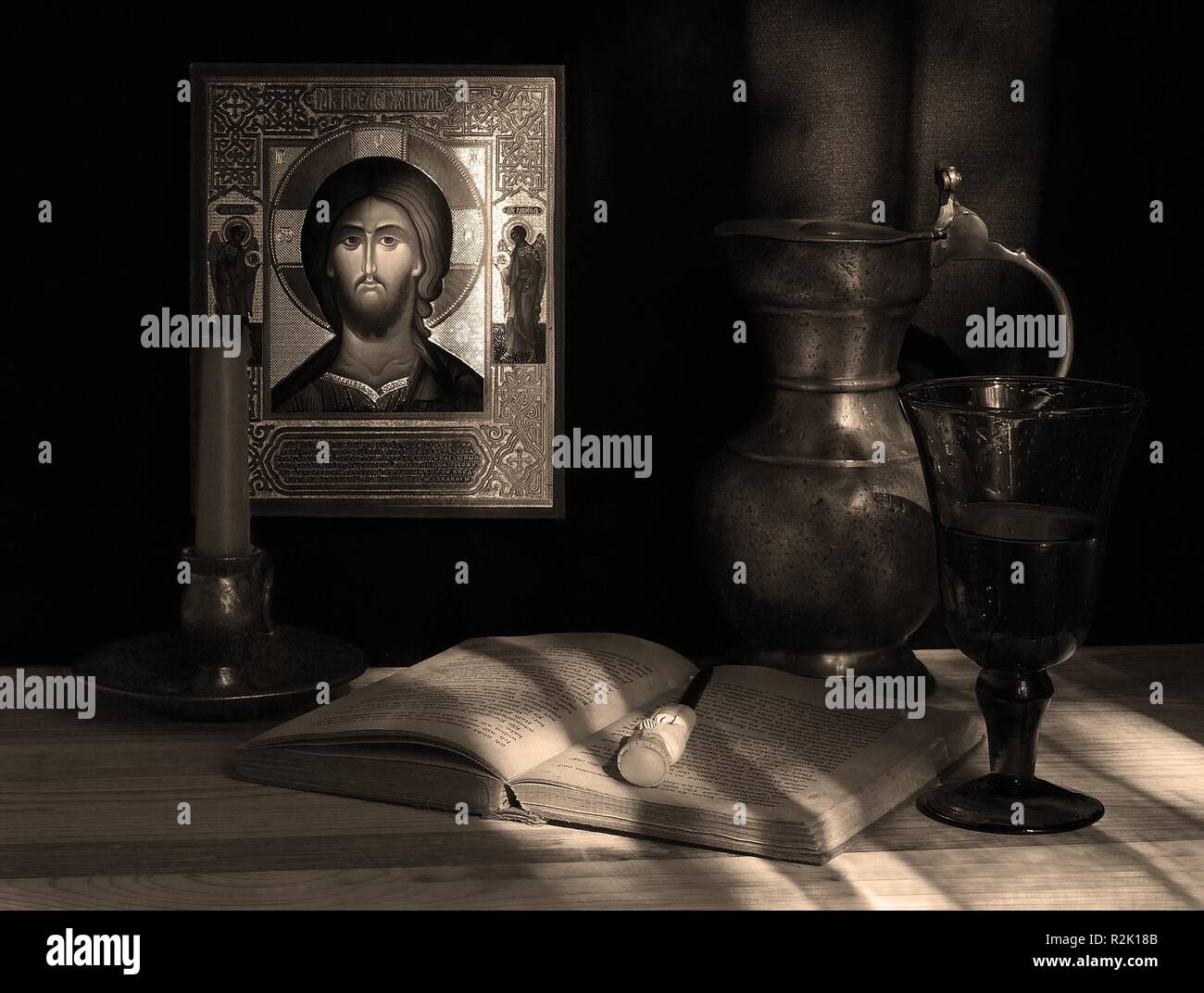 still life with icon. picture 1. sepia Stock Photo - Alamy