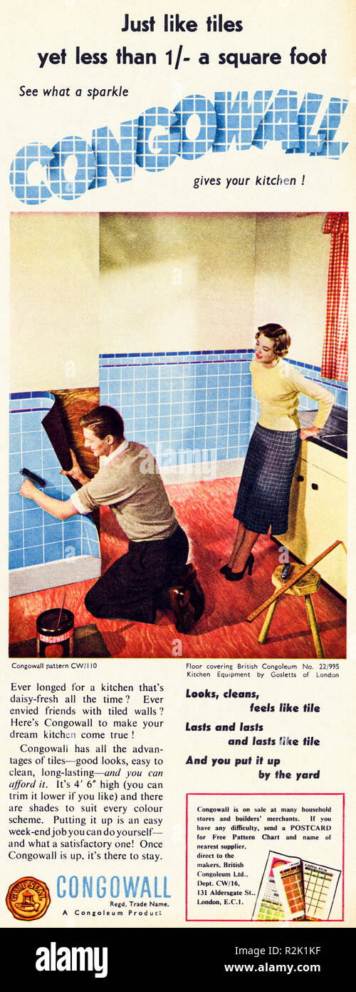 Original 1950s vintage old print advertisement from English magazine advertising Congowall kitchen wall covering circa 1954 Stock Photo