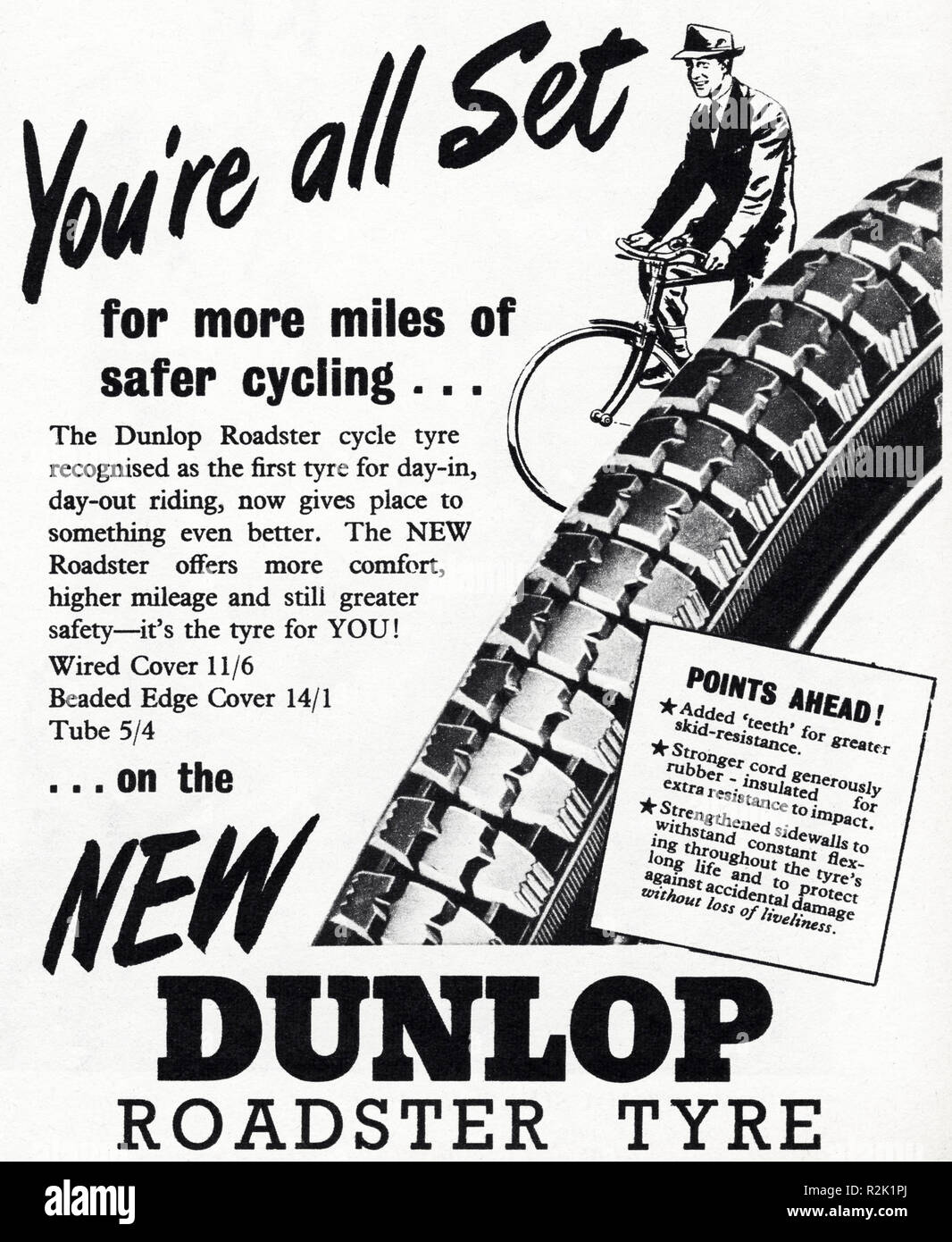 Original 1950s vintage old print advertisement from English magazine advertising Dunlop Roadster tyre circa 1954 Stock Photo