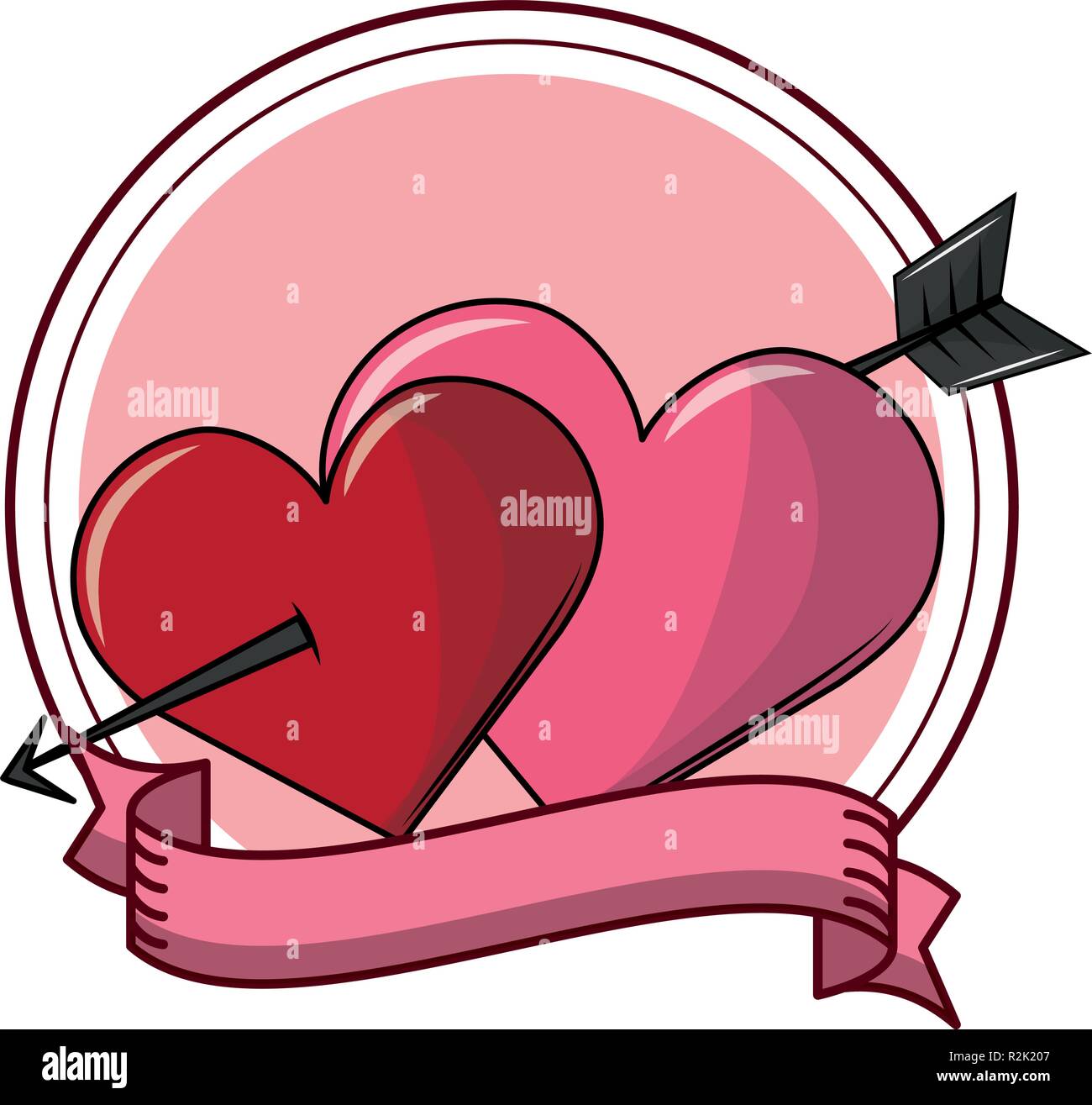 Arrow Through Hearts Love Cartoon Round Emblem With Blank Ribbon