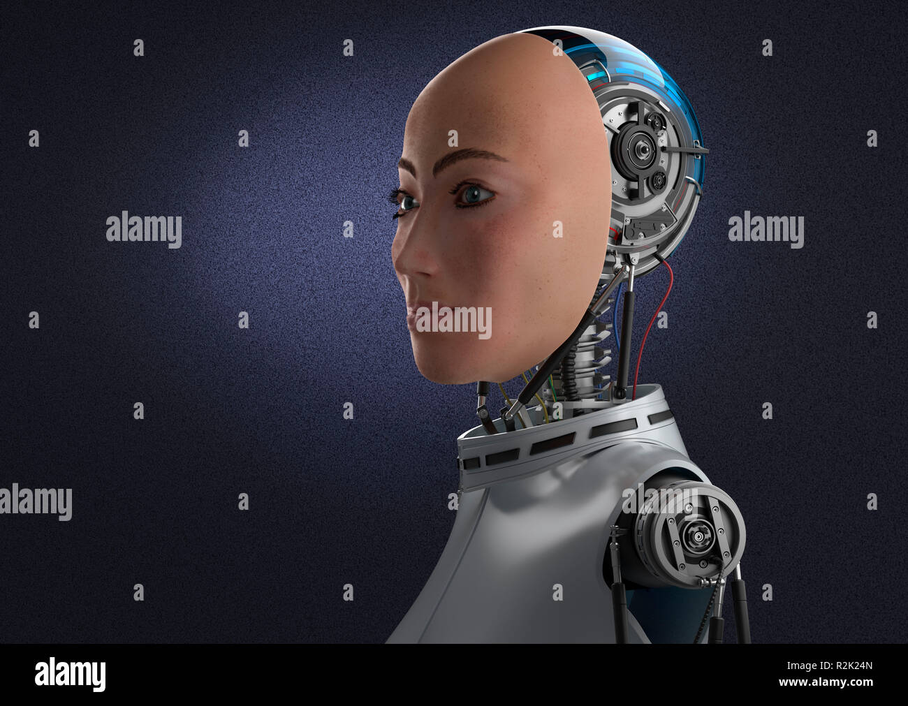 Female robot Android with realistic face, mechanical back of the head and upper body. Half-close-up side view, against dark purple background. Stock Photo