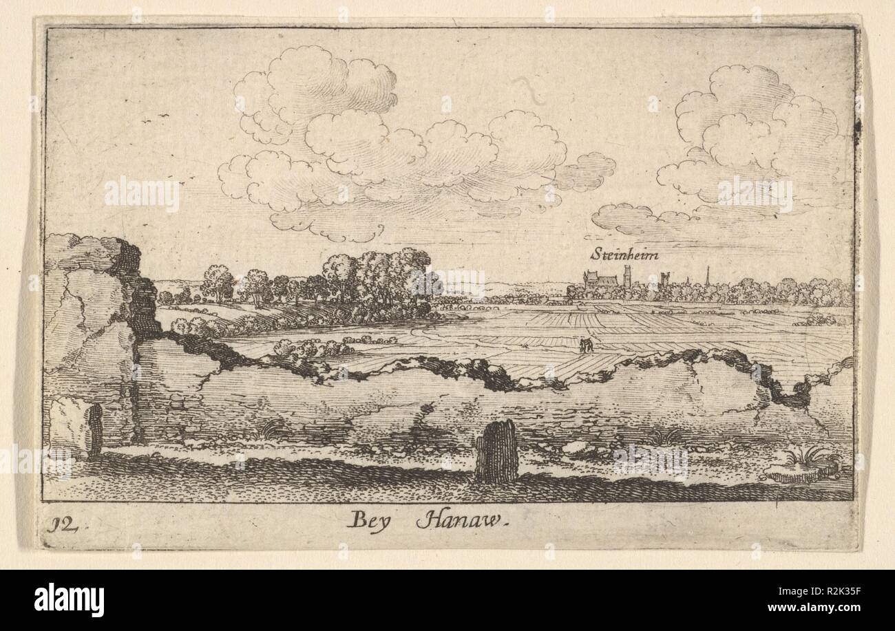 Hanau. Artist: Wenceslaus Hollar (Bohemian, Prague 1607-1677 London). Dimensions: Sheet: 2 3/8 × 3 11/16 in. (6 × 9.4 cm)  cut on the platemark. Series/Portfolio: Amoenissimae aliquot locorum...From the set of 24 prints issued by Abraham Hogenberg in Cologne in 1635.. Date: 1635.  A ruined wall stretches across the foreground;  In the distance a appears at the right. It is labeled 'Steinheim'. Museum: Metropolitan Museum of Art, New York, USA. Stock Photo