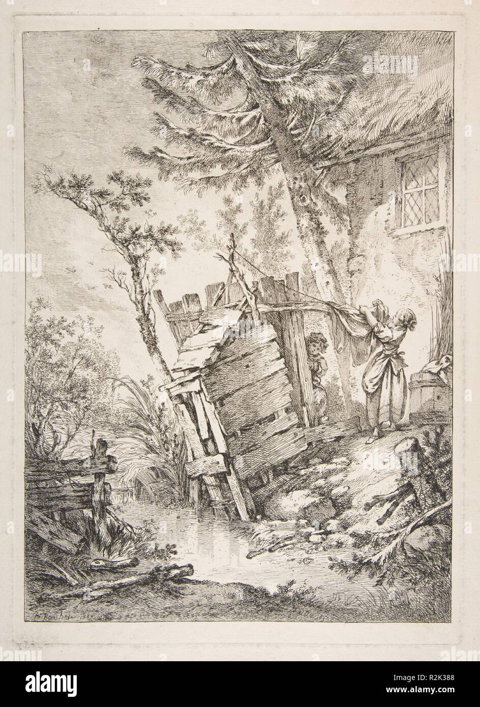 The Laundress. Artist: François Boucher (French, Paris 1703-1770 Paris). Dimensions: image: 11 5/8 x 8 7/16 in. (29.6 x 21.4 cm)  plate: 12 3/8 x 8 3/4 in. (31.5 x 22.3 cm)  sheet: 18 7/8 x 13 3/4 in. (48 x 35 cm). Date: 1756. Museum: Metropolitan Museum of Art, New York, USA. Author: Francois Boucher. Stock Photo