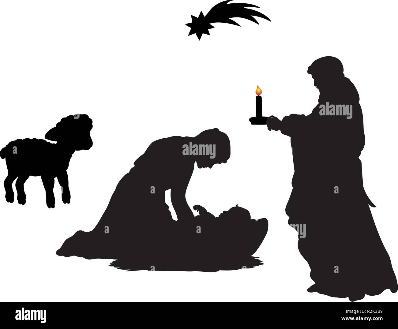 Silhouette Christmas family father Joseph mom Maria with baby Je Stock Vector
