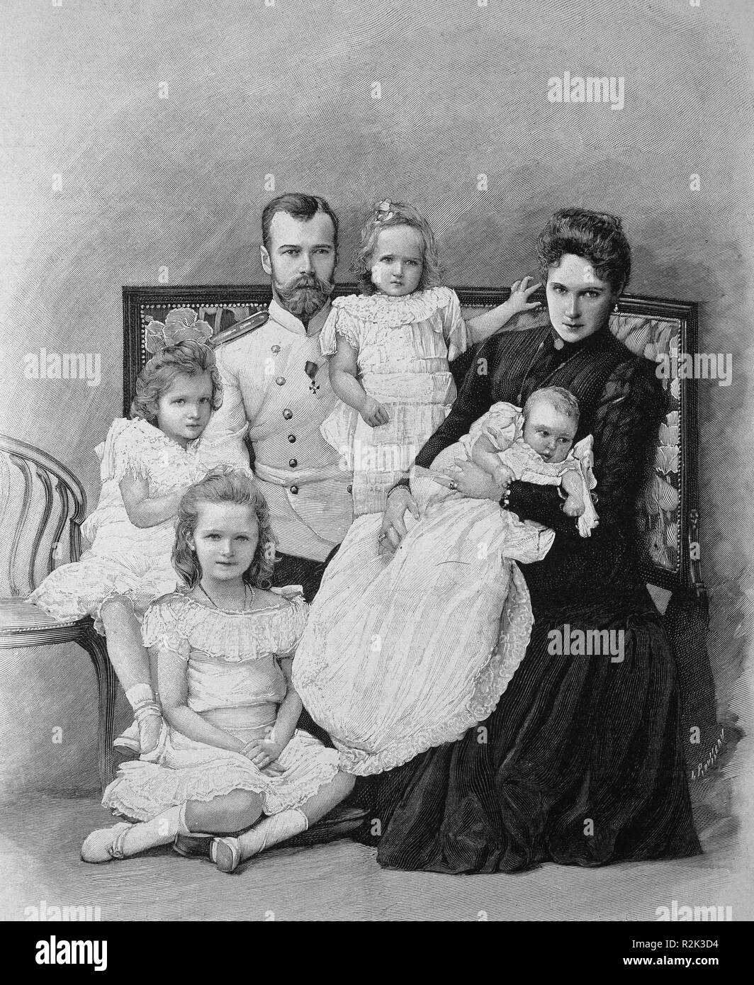 Nicolás II de Rusia y su familia. Grabado según foto de Levitsky. 16 de agosto de 1901. Author: World History / Russia. Stock Photo