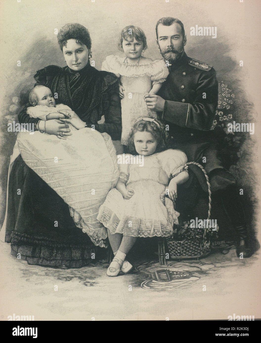 Nicolás II de Rusia y su familia. Grabado según foto de Levitsky. 16 de agosto de 1901. Stock Photo