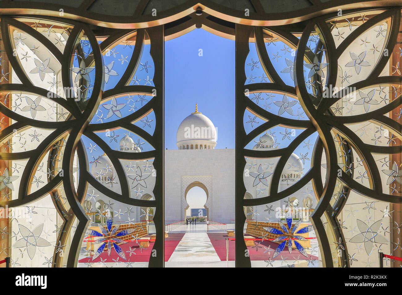 View through a window to the Sheik Zayed Grand Mosque, Abu Dhabi, Stock Photo