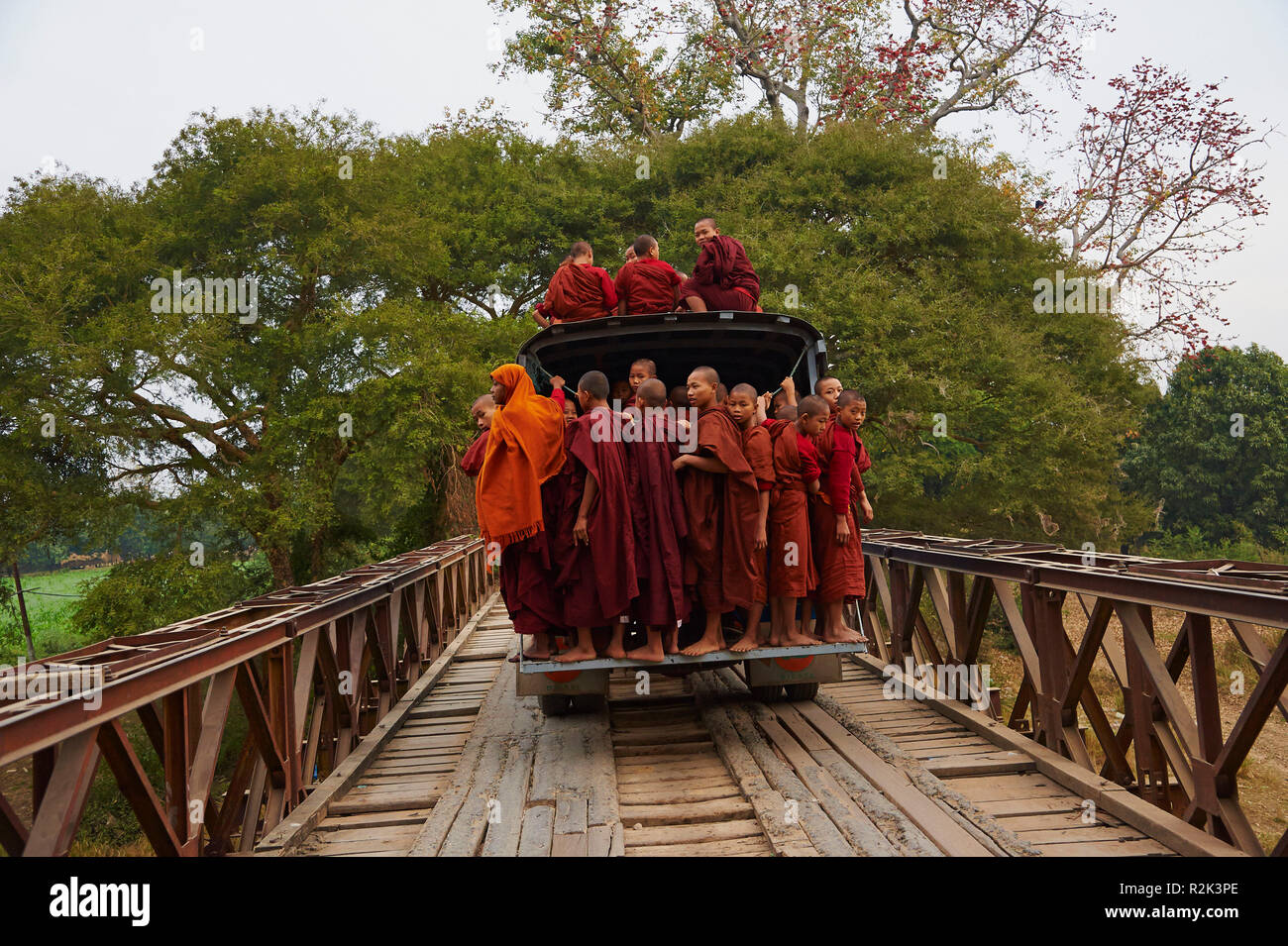Monks on a vehicle, Myanmar, Asia, Stock Photo