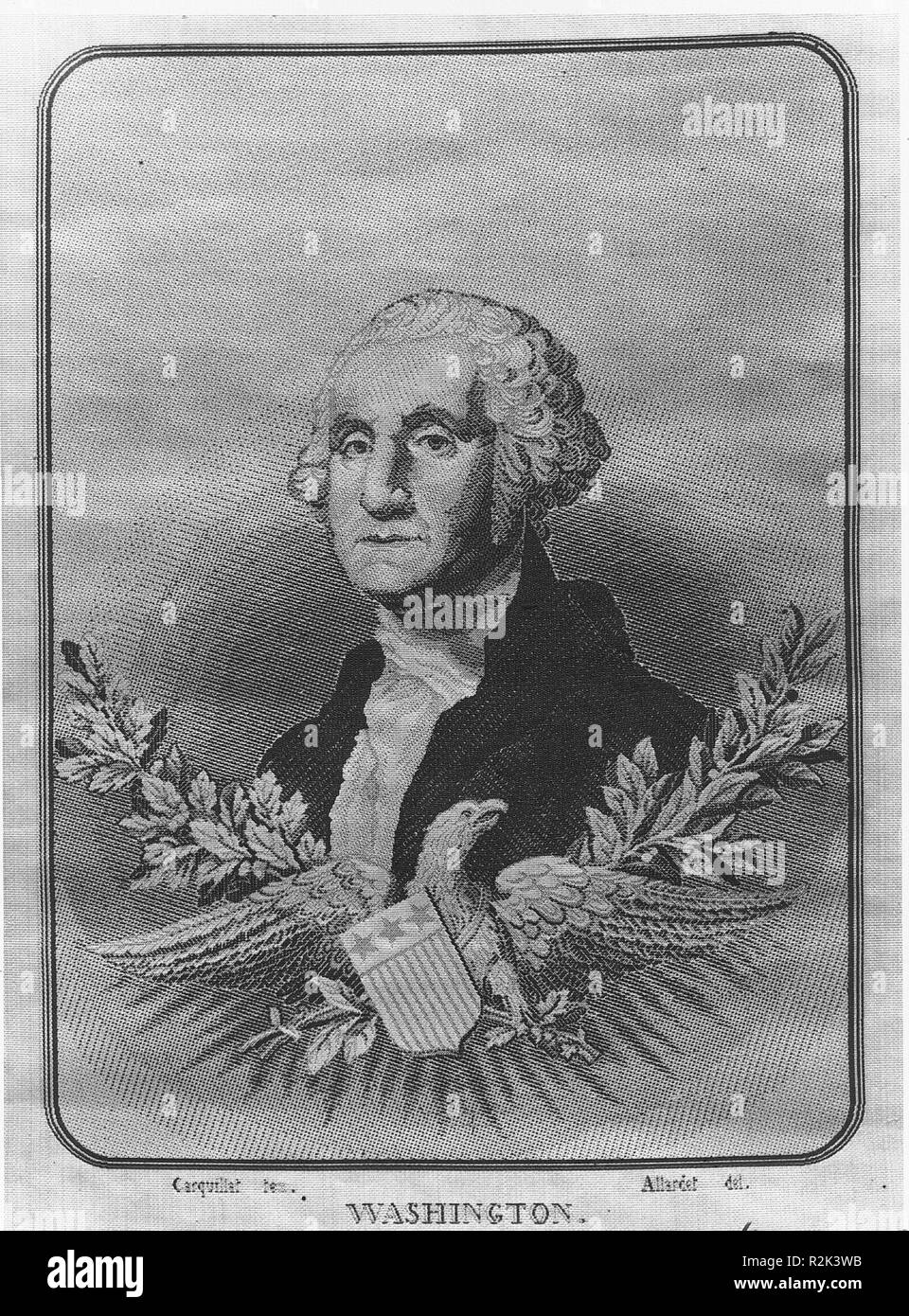 George Washington. Culture: French. Designer: Designed by Jacques Allardet. Dimensions: H. 11 3/8 x W. 8 1/2 inches (28.9 x 21.6 cm). Maker: Woven by Michel-Marie Carquillat (French, 1803-1884). Date: 1865.  Silkworms produce irregular and less smooth fibroins at the beginning and the end of fabricating their cocoons. Some weavers discard these silk fibers to control the overall yarn quality. As this textile's warps and wefts are not uniform, it is possible that part of the textile was woven using the irregular fibers. However, the final product does not reveal the silk yarn's imperfect qualit Stock Photo