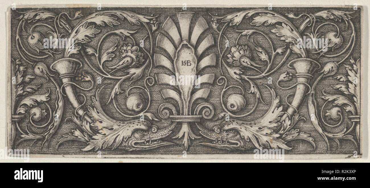 Horizontal Panel with a Central Palmette, Two Dolphins, and Meandering Tendrils. Artist: Sebald Beham (German, Nuremberg 1500-1550 Frankfurt). Dimensions: Sheet: 1 9/16 x 3 11/16 in. (4 x 9.4 cm). Date: 1531-50. Museum: Metropolitan Museum of Art, New York, USA. Stock Photo