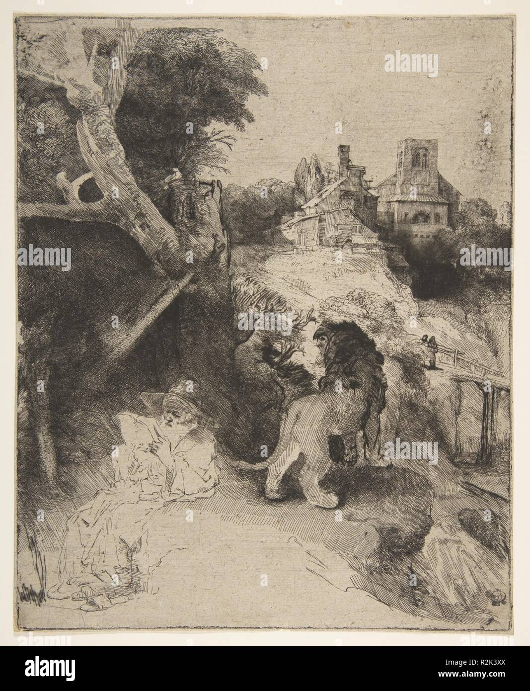 St. Jerome Reading in an Italian Landscape. Artist: Rembrandt (Rembrandt van Rijn) (Dutch, Leiden 1606-1669 Amsterdam). Dimensions: plate: 10 3/16 x 8 1/4 in. (25.9 x 21 cm). Date: ca. 1653.  Rembrandt depicted Saint Jerome many times, here as a contented old man reading. The print reflects Rembrandt's great admiration for Venetian art, particularly in the landscape and buildings in the background, which were inspired by the work of Giulio (ca. 1482-after 1515) and Domenico (1500-1564) Campagnola.  The marked contrast between the briefly sketched saint and the more polished areas of the print  Stock Photo