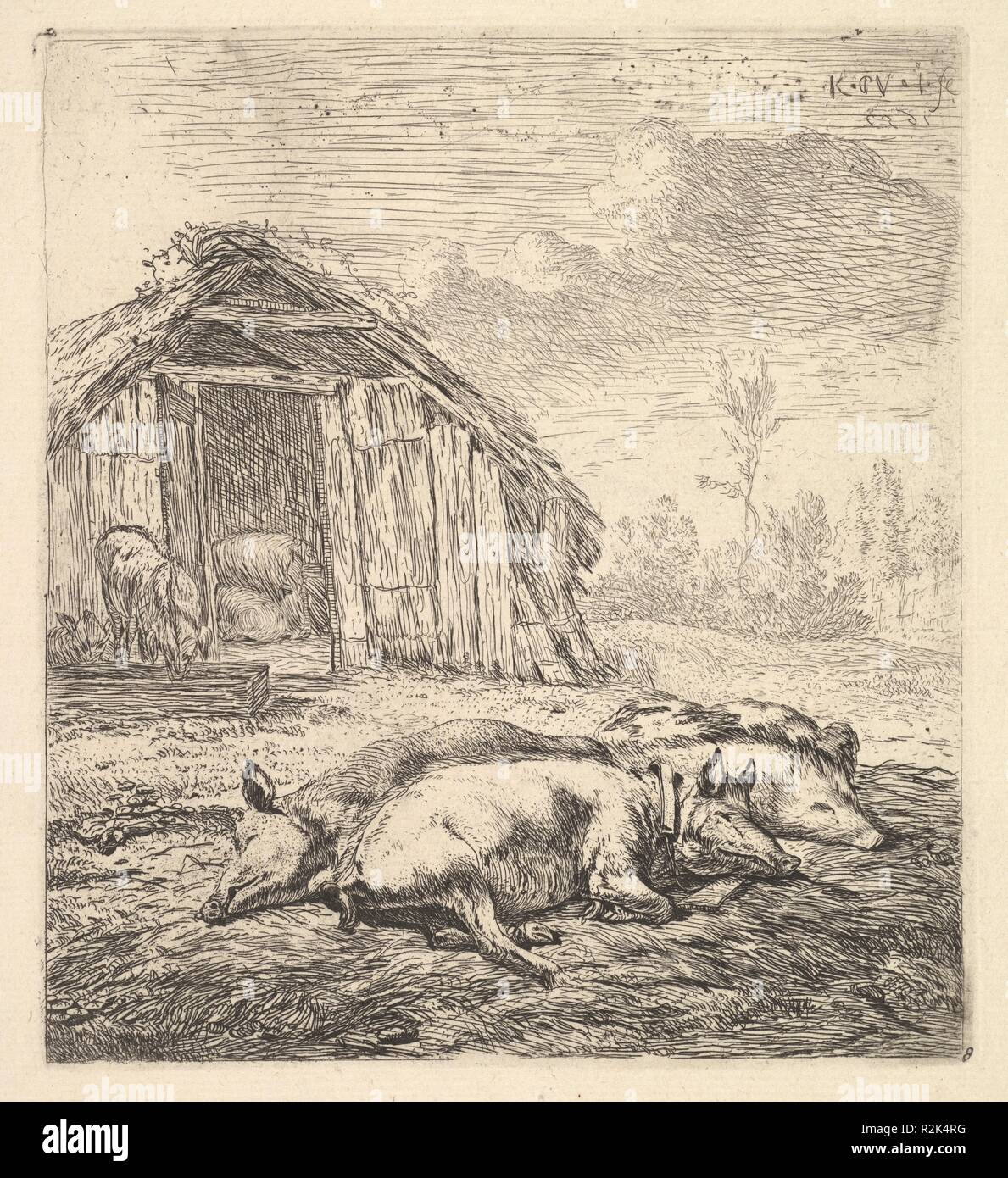 Three pigs lying on their sides, a pigsty and trough beyond. Artist: Karel Dujardin (Dutch, Amsterdam 1622-1678 Venice). Dimensions: sheet: 7 3/8 x 6 3/4 in. (18.8 x 17.2 cm). Date: 1652. Museum: Metropolitan Museum of Art, New York, USA. Stock Photo