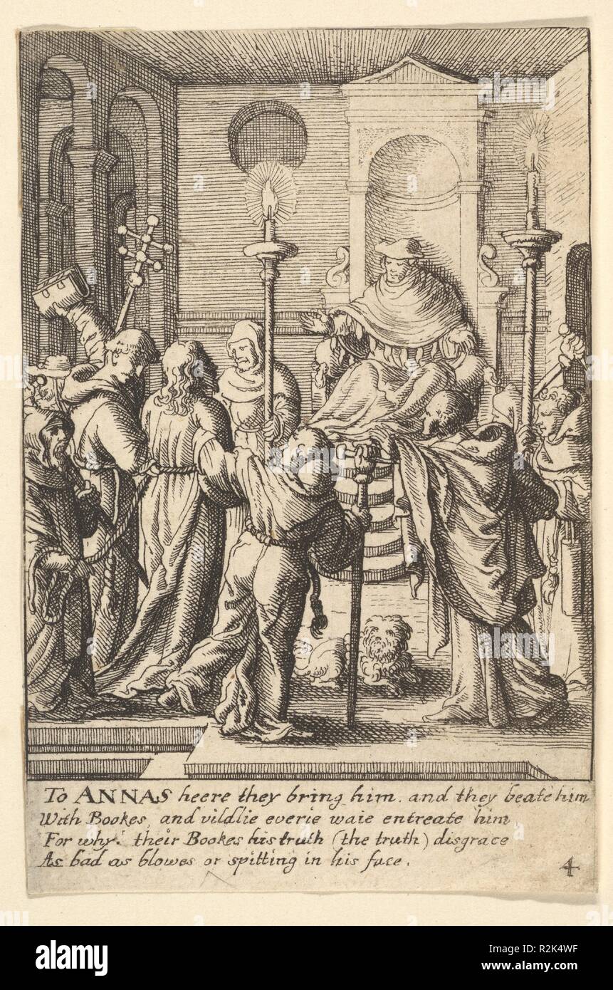Jesus before Annas. Artist: After Hans Holbein the Younger (German, Augsburg 1497/98-1543 London). Dimensions: Sheet: 3 9/16 × 2 3/8 in. (9 × 6 cm). Etcher: Wenceslaus Hollar (Bohemian, Prague 1607-1677 London). Series/Portfolio: The satirical passion. Date: 1625-77.  Jesus is dragged from the left towards a Cardinal enthroned in a niche at the upper right. A small dog is seated at bottom center. Museum: Metropolitan Museum of Art, New York, USA. Stock Photo