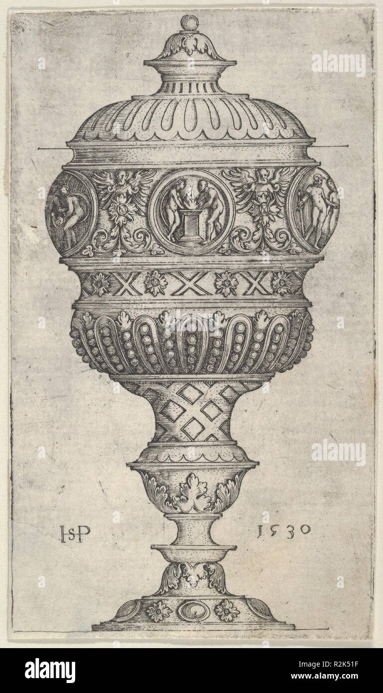 Goblet with Round Medallions. Artist: Sebald Beham (German, Nuremberg 1500-1550 Frankfurt). Dimensions: Sheet: 3 5/8 x 2 1/16 in. (9.2 x 5.2 cm). Date: 1530.  Design for a double goblet with medallions between winged figures. In roundels, classical scenes, with two figures and a burning altar at center. From a set of three designs for goblets. Museum: Metropolitan Museum of Art, New York, USA. Stock Photo