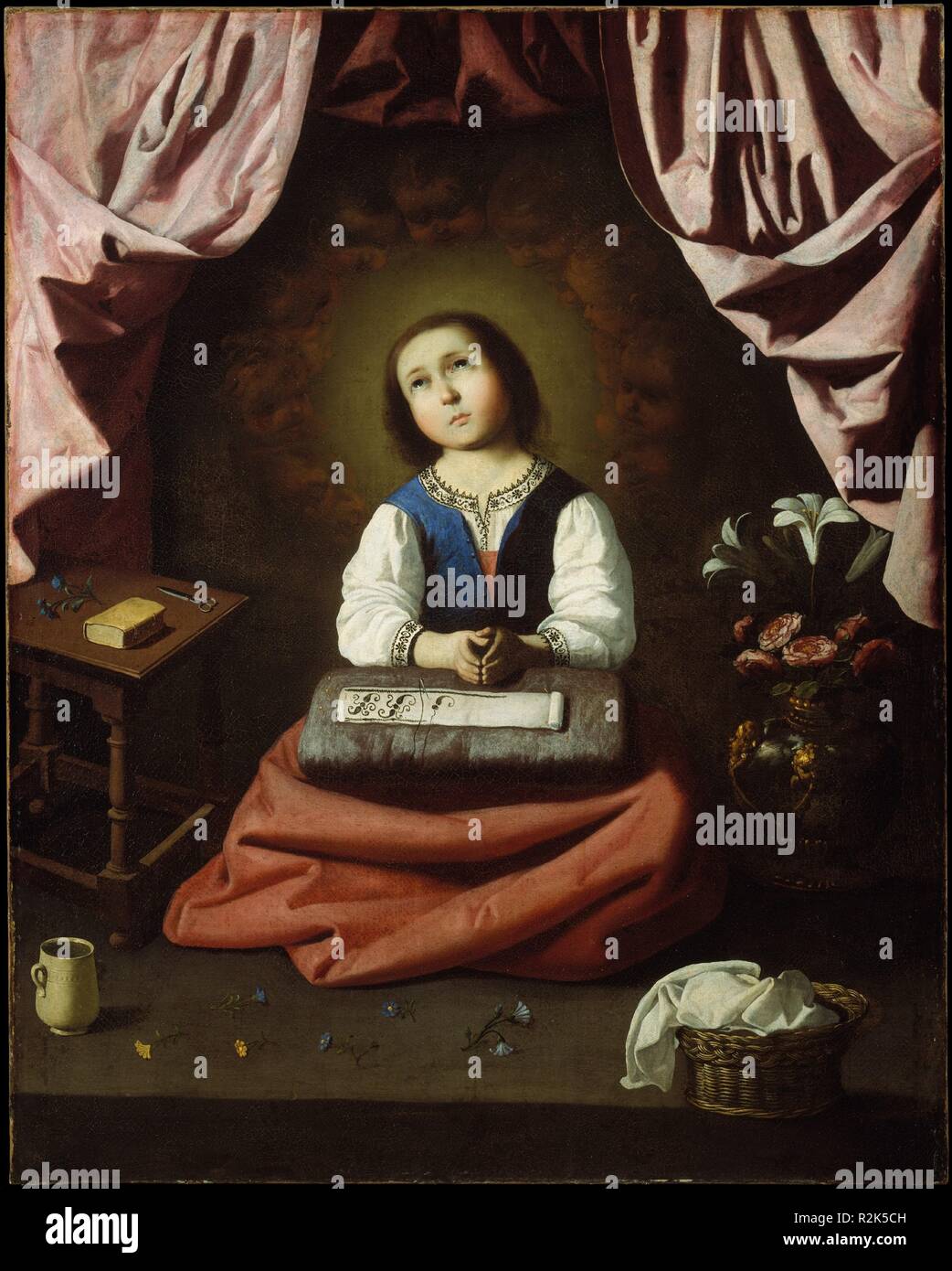 The Young Virgin. Artist: Francisco de Zurbarán (Spanish, Fuente de Cantos 1598-1664 Madrid). Dimensions: 46 x 37 in. (116.8 x 94 cm). Date: ca. 1632-33.  The subject of Zurbarán's painting is the young Virgin Mary. According to medieval legend, she lived as a girl in the Temple in Jerusalem, where she devoted herself to praying and sewing vestments. This was a subject particularly popular in Italian and Spanish paintings of the seventeenth century, with the Virgin serving as a model of behavior for young women. The delicate modeling of the Virgin's face and the attention to the still-life ele Stock Photo