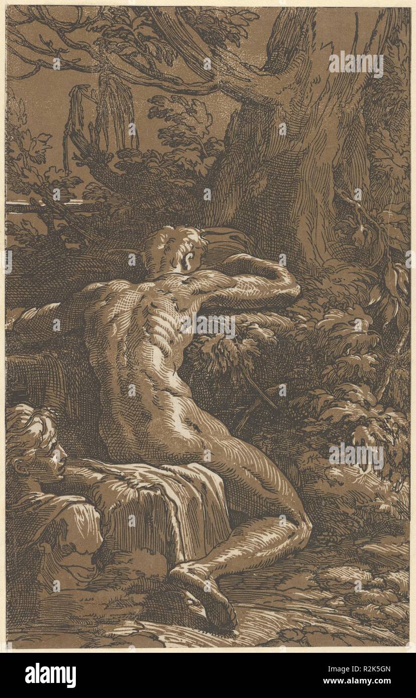 Narcissus (Man Seated Seen from the Back). Artist: After Parmigianino (Girolamo Francesco Maria Mazzola) (Italian, Parma 1503-1540 Casalmaggiore); Antonio da Trento (Italian, 1520-1550). Dimensions: Sheet: 14 7/8 × 11 1/4 in. (37.8 × 28.5 cm)  Plate: 11 5/16 × 7 3/8 in. (28.8 × 18.8 cm). Date: 1527-30.  Upon returning to Bologna after the Sack of Rome in 1527, Parmigianino started working with the printmaker Antonio da Trento, who, according to the sixteenth-century artist and biographer Giorgio Vasari, also lived with the artist. Their collaboration led to highly skilled compositions, includi Stock Photo