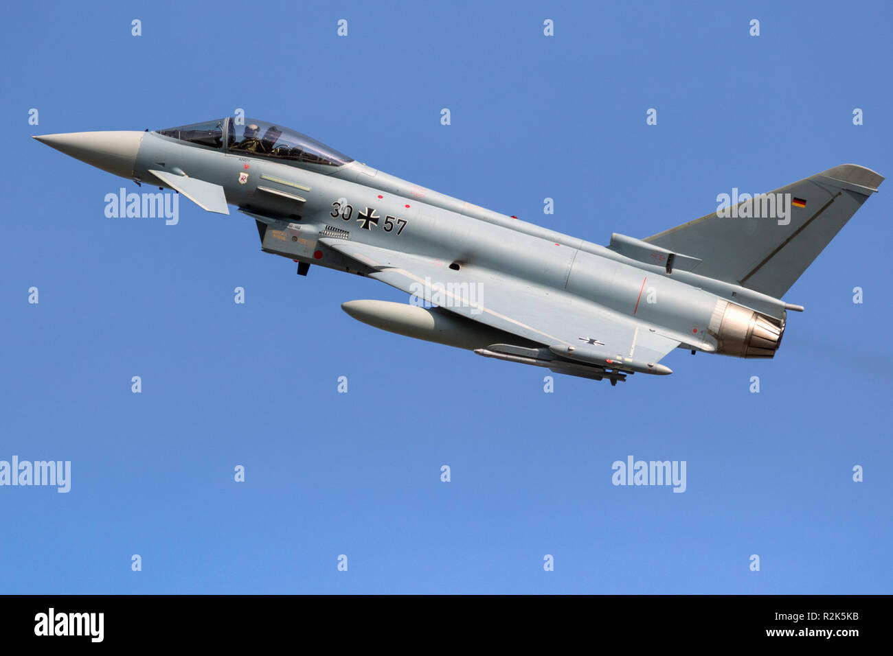 LEEUWARDEN, THE NETERLANDS - APR 19, 2018: German Air Force Eurofighter typhoon fighter jet aircraft in flight. Stock Photo