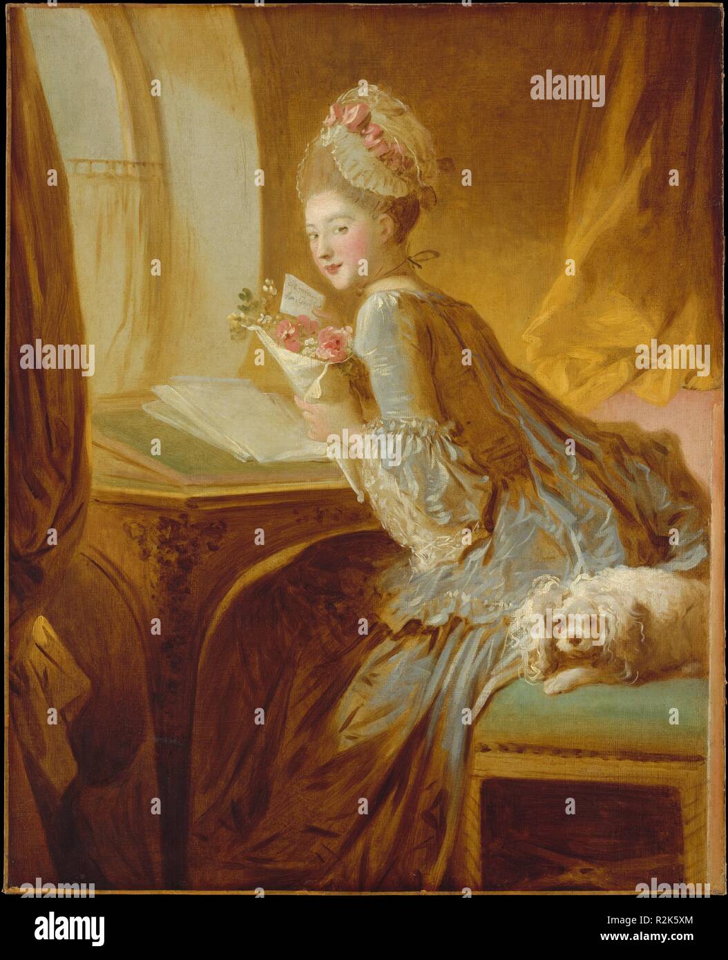 The Love Letter. Artist: Jean Honoré Fragonard (French, Grasse 1732-1806 Paris). Dimensions: 32 3/4 x 26 3/8 in. (83.2 x 67 cm). Date: early 1770s.  In the work of Fragonard, finish is a relative term. Here, over a brown tone, Fragonard shapes the composition in darker shades of brown, drawing and modeling with the tip of the brush and with strokes of varying thickness. Color and white are confined to passages under strong light toward the center of the canvas: the young woman's powdered face, her dress and cap, writing surface and stool, flowers and dog. A famous canvas from the early 1770s,  Stock Photo