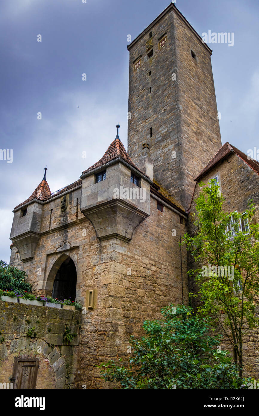 City Wall, Castle Gate at Rothenburg ob der Tauber, Germany Stock Photo