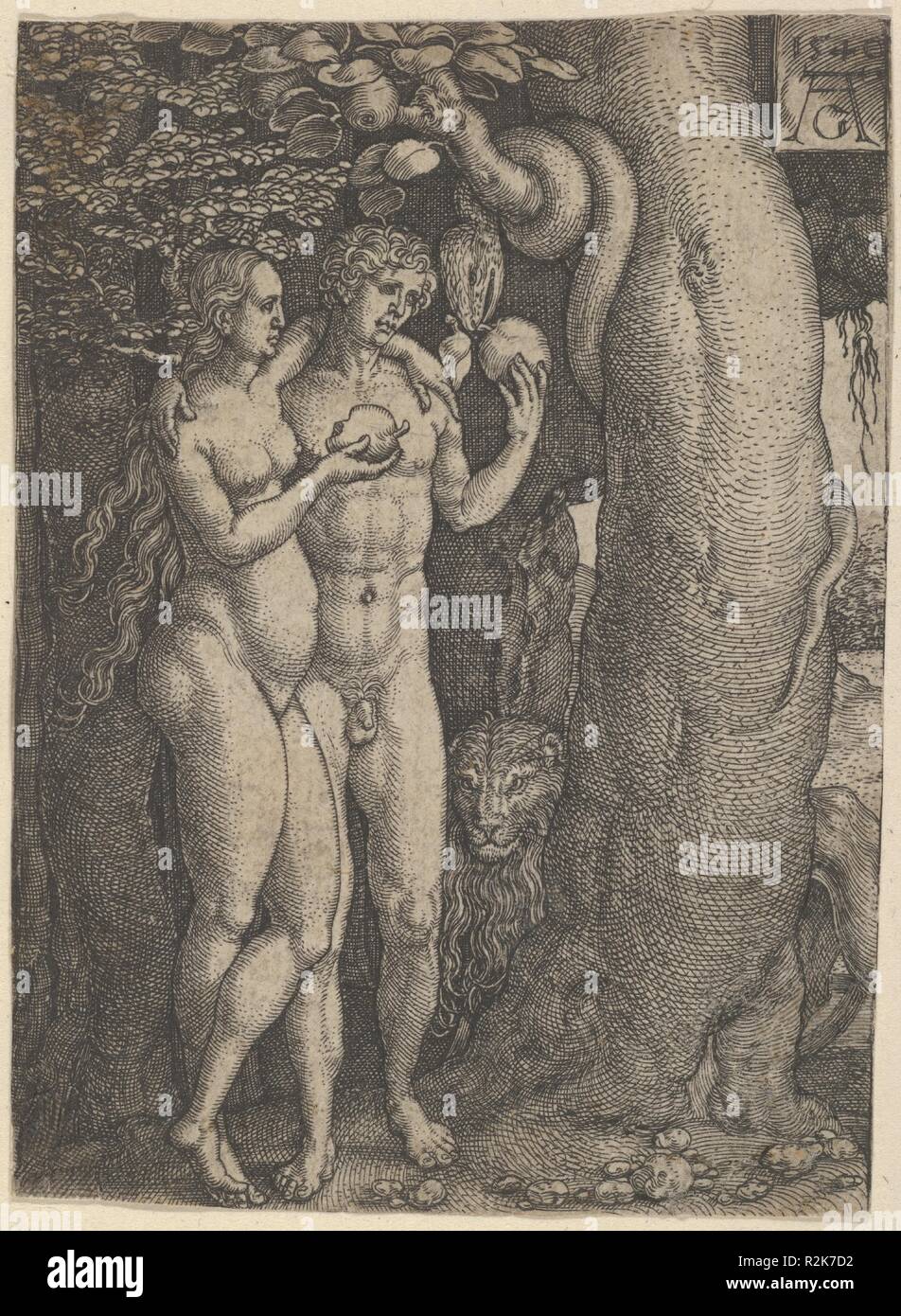 The Temptation of Adam and Eve, from The Story of Adam and Eve. Artist: Heinrich Aldegrever (German, Paderborn ca. 1502-1555/1561 Soest). Dimensions: Sheet: 3 3/8 × 2 1/2 in. (8.6 × 6.3 cm). Date: 1540.  Adam and Eve stand to the left of the Tree of Knowledge, each holding up fruit. The serpent is wrapped around a branch at top center and a lion is visible behind the tree. Based on Genesis 3:1-7. Plate 3 from a series of six engravings. Museum: Metropolitan Museum of Art, New York, USA. Stock Photo
