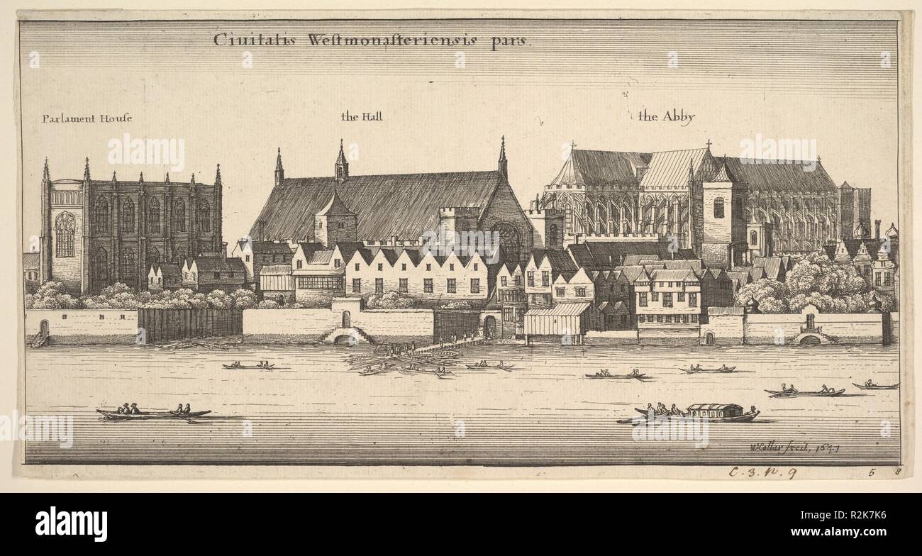 Ciuitatis Westmonasteriensis pars (Westminster from the River). Artist: Wenceslaus Hollar (Bohemian, Prague 1607-1677 London). Dimensions: Plate: 5 7/8 × 11 1/4 in. (15 × 28.5 cm). Series/Portfolio: London views  Four plates. Date: 1647.  View of Westminster Abbey from across the Thames, Parliament on the left the Hall and Westminster stairs at center, boats on the river. Museum: Metropolitan Museum of Art, New York, USA. Author: Wenceslaus Hollar. WENZEL HOLLAR. Stock Photo