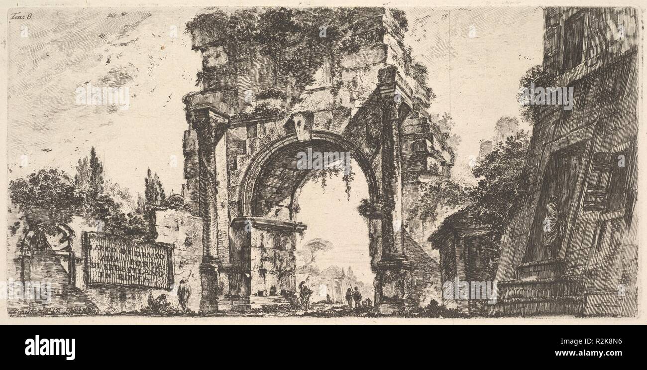 Plate 8: Arch of Drusus at the Porta S. Sebastiano in Rome (Arco di Druso alla Porta di Sebastiano in Roma). Artist: Giovanni Battista Piranesi (Italian, Mogliano Veneto 1720-1778 Rome). Dimensions: Plate: 5 3/16 × 10 9/16 in. (13.2 × 26.9 cm)  Sheet: 13 1/16 × 18 3/4 in. (33.2 × 47.7 cm). Series/Portfolio: Antichità Romane de' Tempi della Repubblica, e de' primi Imperatori (Roman Antiquity of the Time of the Republic and the First Emperors). Date: ca. 1748. Museum: Metropolitan Museum of Art, New York, USA. Stock Photo