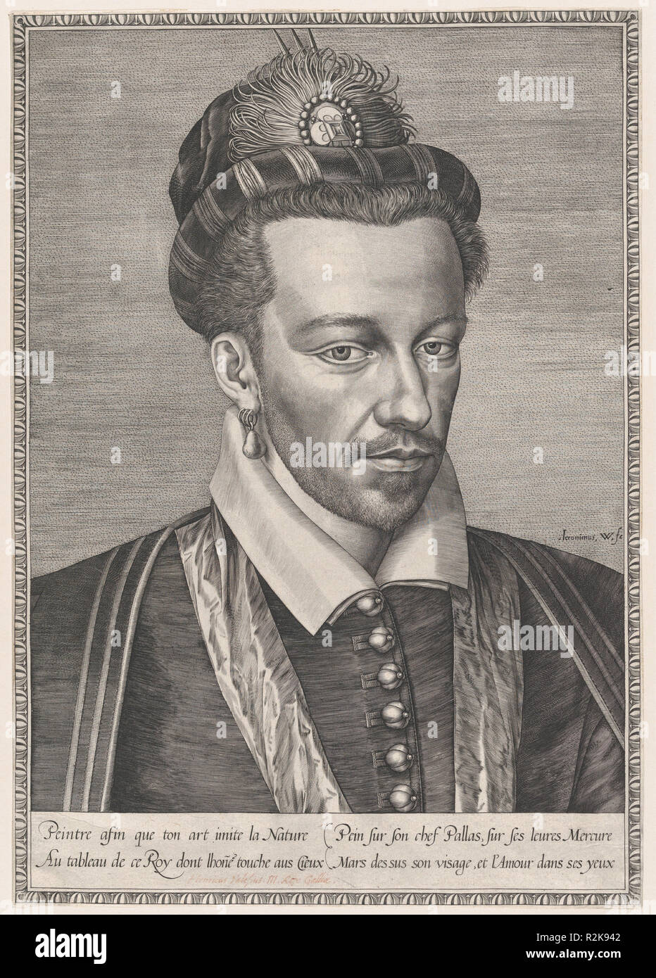 Henri III, King of France. Artist: Hieronymus (Jerome) Wierix (Netherlandish, ca. 1553-1619 Antwerp). Dimensions: Height: 14 in. (35.5 cm)  Width: 9 11/16 in. (24.6 cm). Date: ca. 1582-6.  When Henri appeared in public after he arrived in Venice in July 1574, the magnificence of his dress was a subject of great interest. Although this print was made about a decade after his visit, the verse along the bottom alludes to the king's virtues and handsome bearing. Henri was equally famous for his elegant dress and for his relationships with both sexes. The fastidious rendering of his features here c Stock Photo